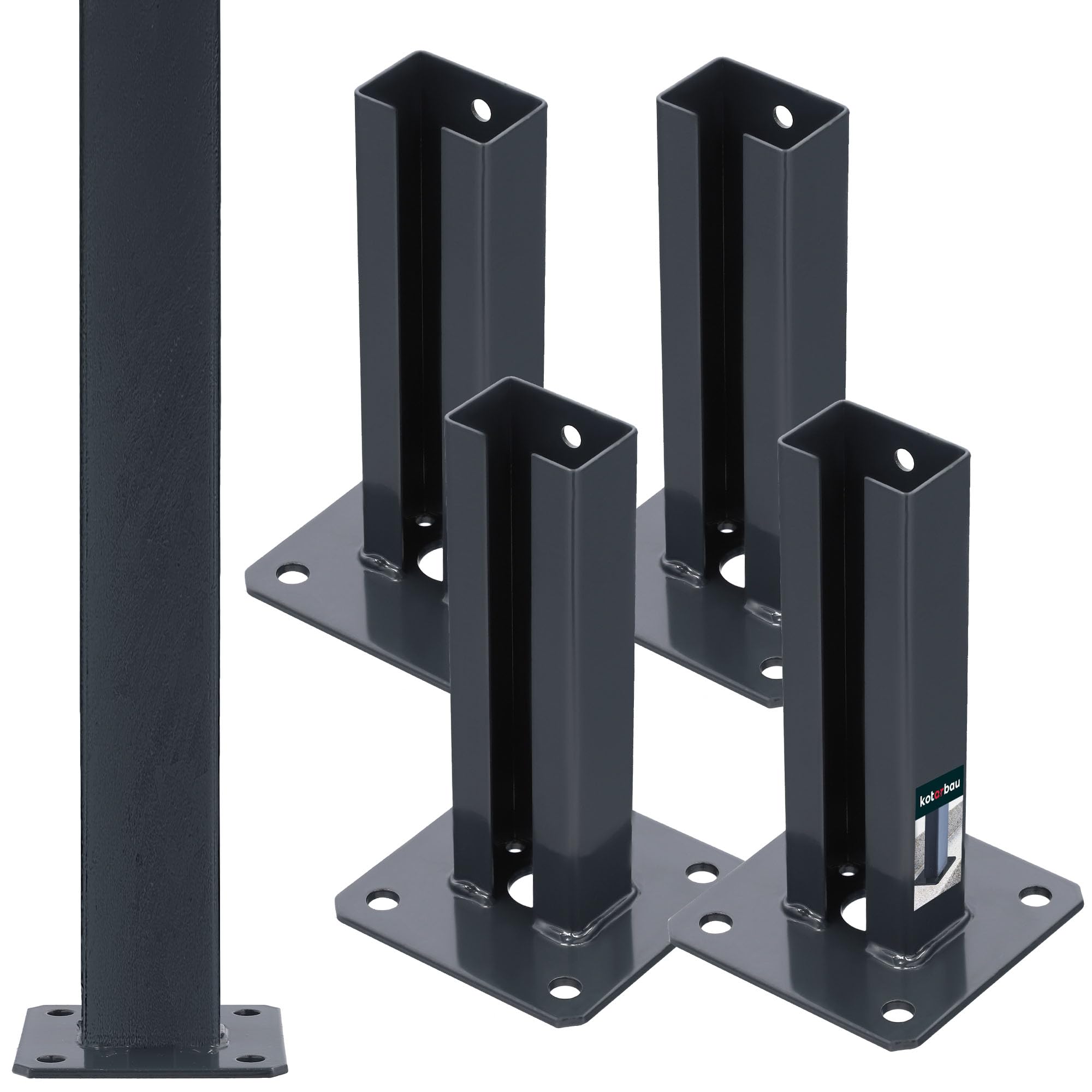 KOTARBAU® 4 pcs Fence Post Support - Powder Coated Steel - 60x40 mm (2.4x1.6 inches) - Graphite - Heavy Duty - Bolt Down - Post Base - Weather Resistant - Durable
