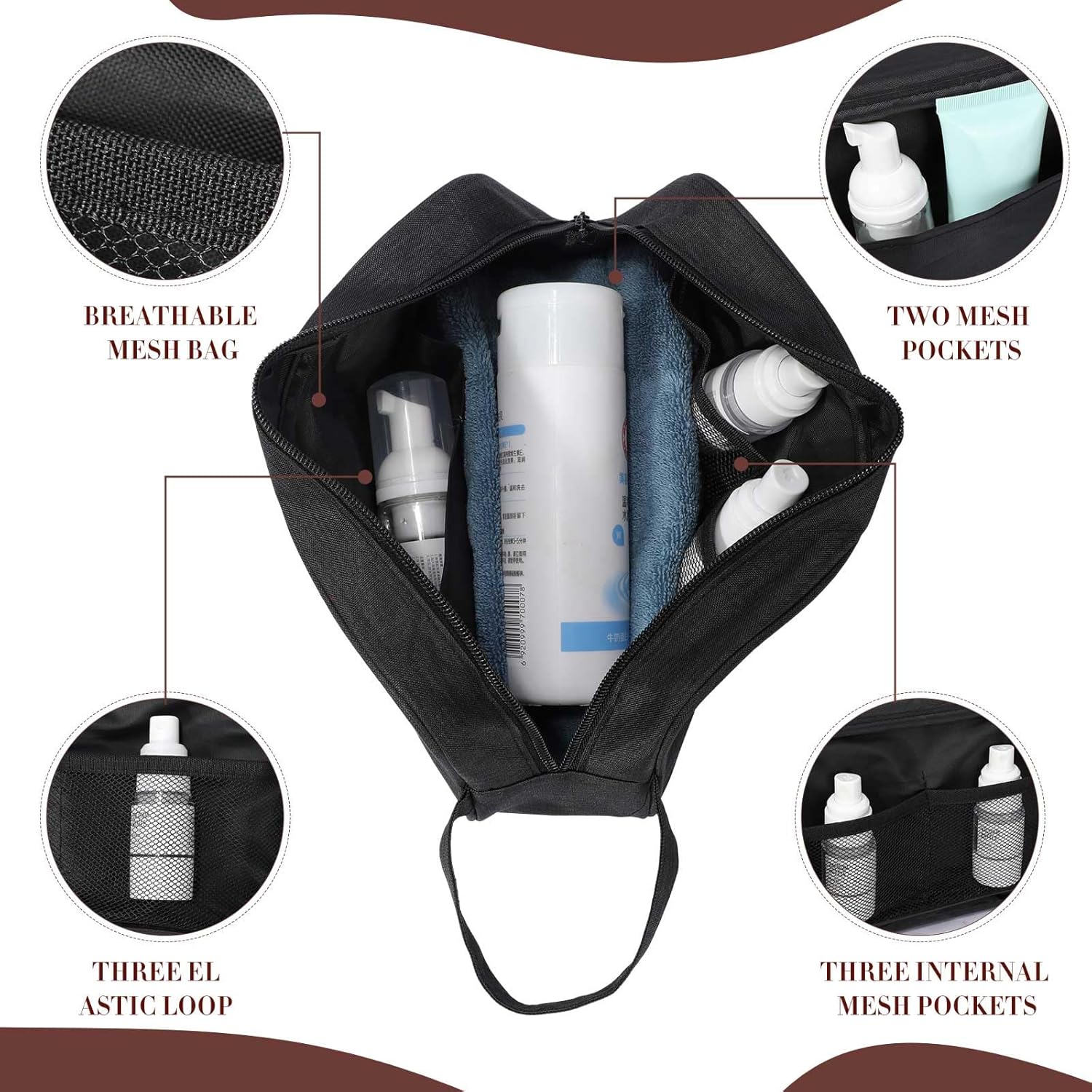 Sweetude 9 Pieces Large Toiletry Bag for Men and Women Black Toiletry Travel Bag Bulk Water Resistant Shaving Organizer with Hanging Handle Divider Foldable Cosmetic Pouch for Cosmetics Accessories - Image 4