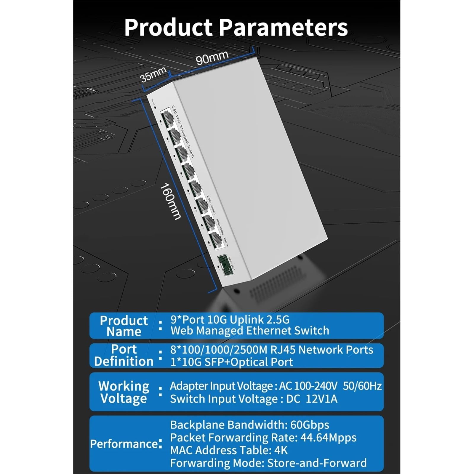 Przełącznik przemysłowy Zarządzany przełącznik 2,5 GbE, 8-portowy przełącznik sieciowy 2,5 GBASE-T, gniazdo 10G SFP+, łącze w górę, zarządzane przez sieć (adapter AU)