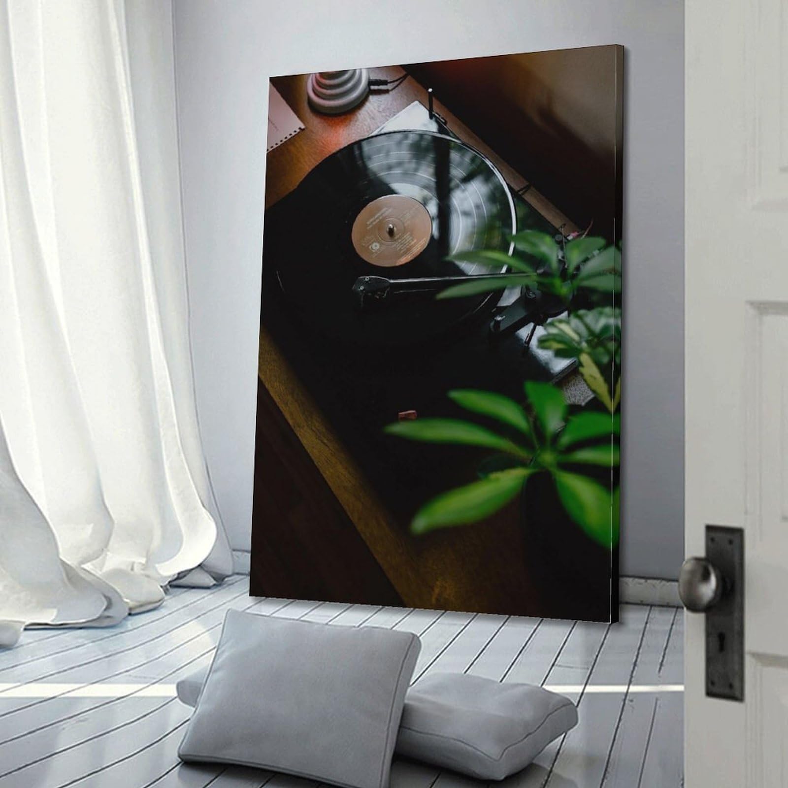 Gramofon z płytą winylową i zieloną rośliną sztuka ścienna, retro muzyka dekoracja do domu i salonu plakat dekoracyjny obraz płótno plakaty ścienne i artystyczny obraz druk nowoczesny rodzinny