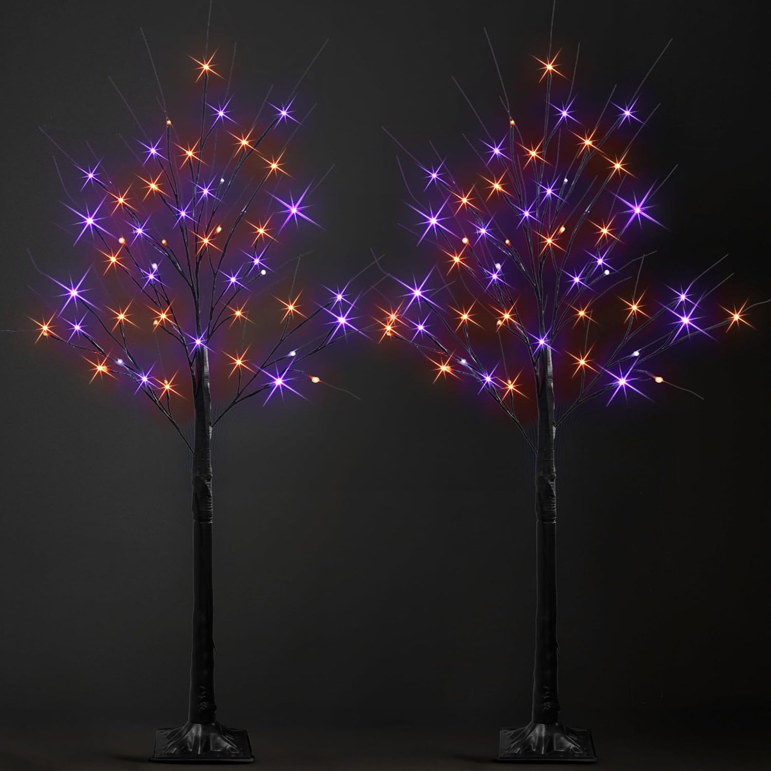 Dazzle Bright 2 Pack 4FT Halloween Lighted Up Birch Tree, Total 96 LED Purple and Orange Fairy Lights with Timer, Waterproof for Indoor Outdoor Home Party Halloween Decoration