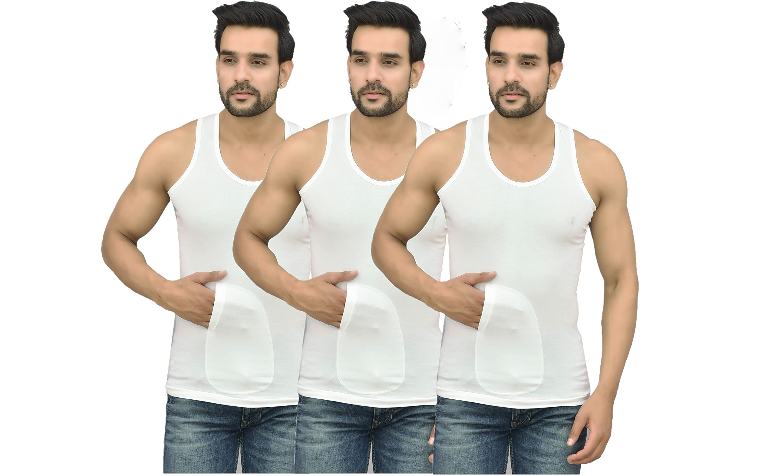 underloop Mustt Interlock Cotton White Pocket Vest for Men (Pack of 3)-picture-11