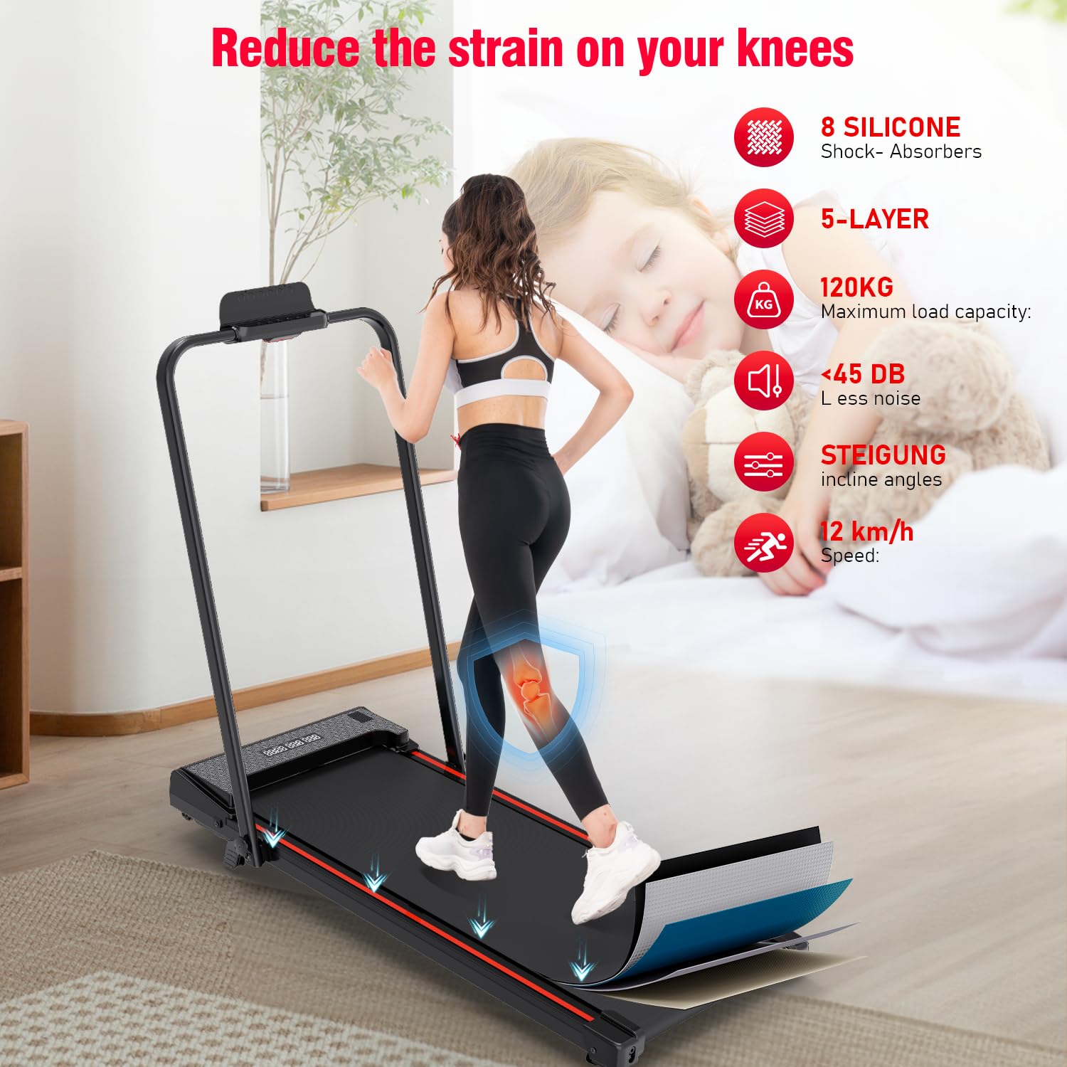 CITYSPORTS Tapis roulant elettrico per la casa con inclinazione, Tapis roulant pieghevole fino a 12km/h, con schermo LED e pannello pulsante rapido, senza installazione (Black Red)