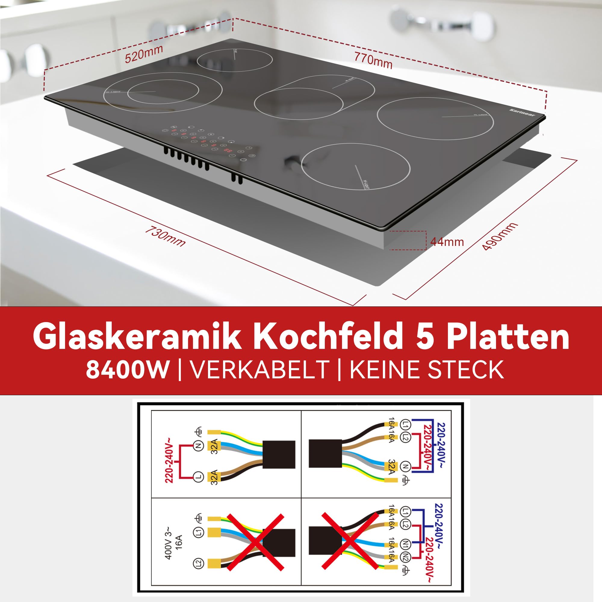 Karinear Glaskeramikkochfeld 5 Platten Einbau, Keramik kochfeld 5 Zonen, 77 cm, Herdplatte 5 Kochfelder, mit Berührungssteuerung, Timer, Kindersicherung, 220-240V, 8400W, Keine Stecker