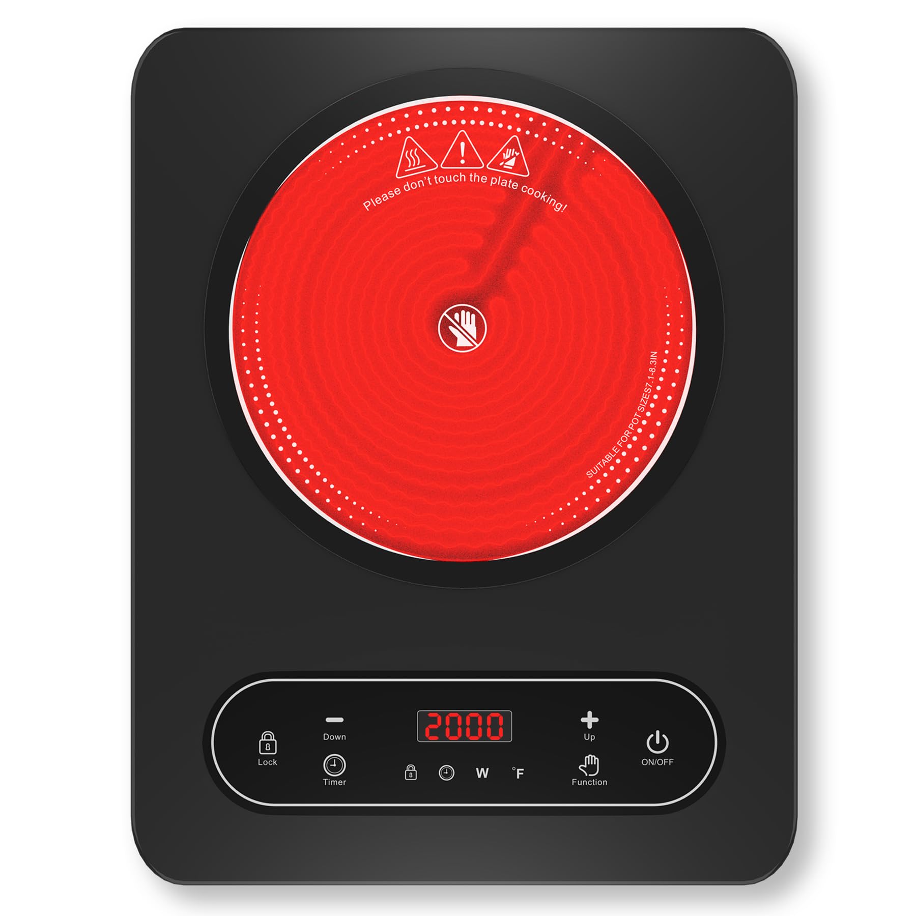 VBGK Placa Vitrocerámica 1 Fuegos, 2000W Vitrocerámica Portátil con Enchufe, 10 Niveles Calor Infrarrojo, Bloqueo para niños, Temporizador 4 Horas, Fácil Limpieza, Compatible con Todo Tipo de Ollas