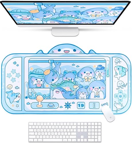 BelugaDesign Shark Desk Pad | Cute Pastel Large Mouse Pad | Cutecore Ocean Switch Anime Keyboard Gaming Mousepad | Machine Washable Nonslip Desk Blotter Protector for Kids Teens and Women (Blue White) - Blue White