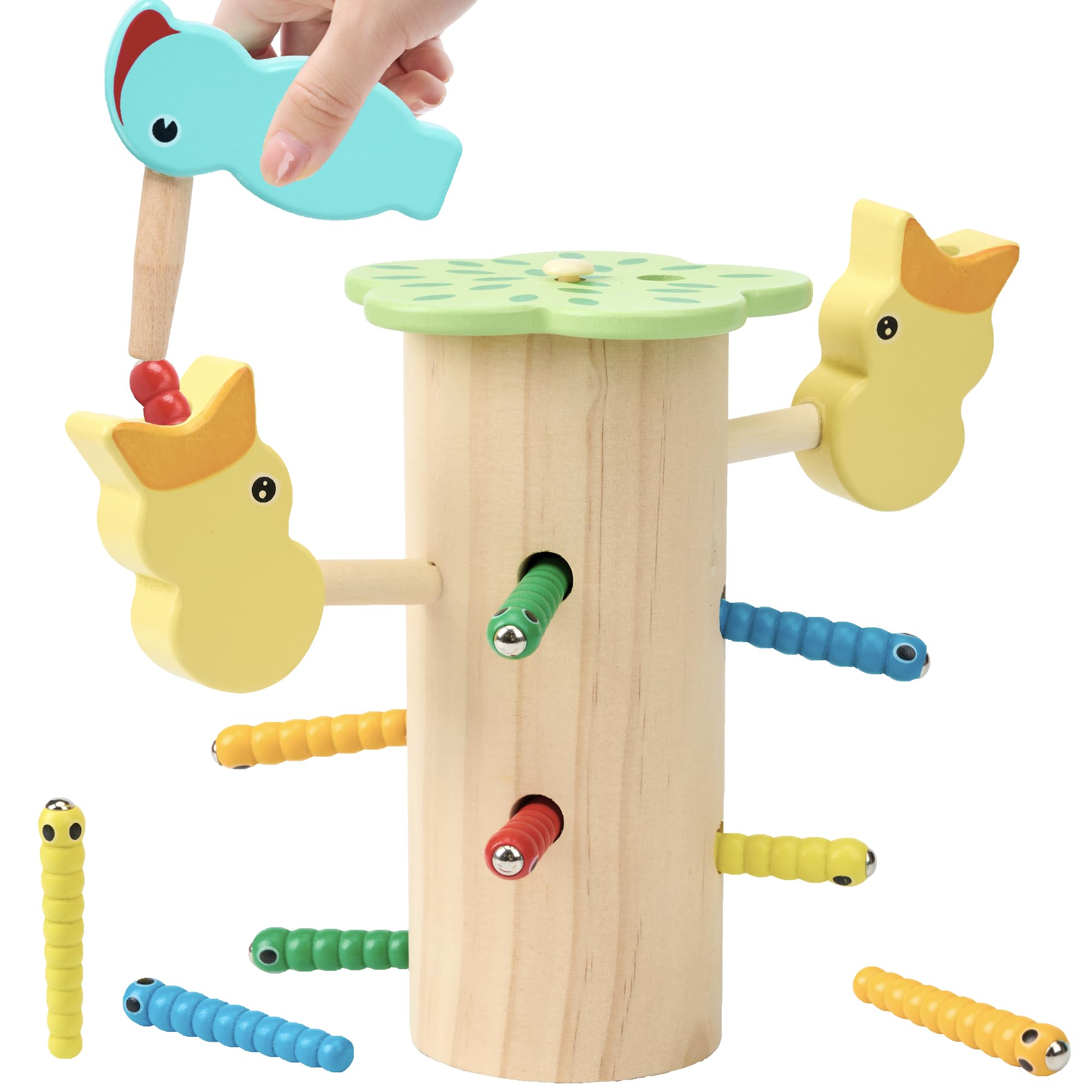 Montessori MamaMagnetic Woodpecker Worm Feed Game - Educational Wooden Color Matching & Fine Motor Skill Development Toy for 2 3 Year Olds Toys