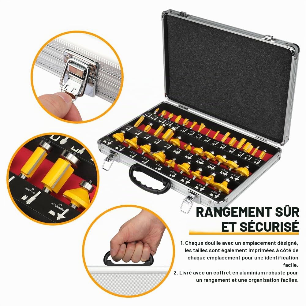 Hoteche Lot de 35 fraises pour défonceuses - Tige de 8 mm - Outils de travail du bois - Pour fraises à bois de qualité industrielle pour dures et souples