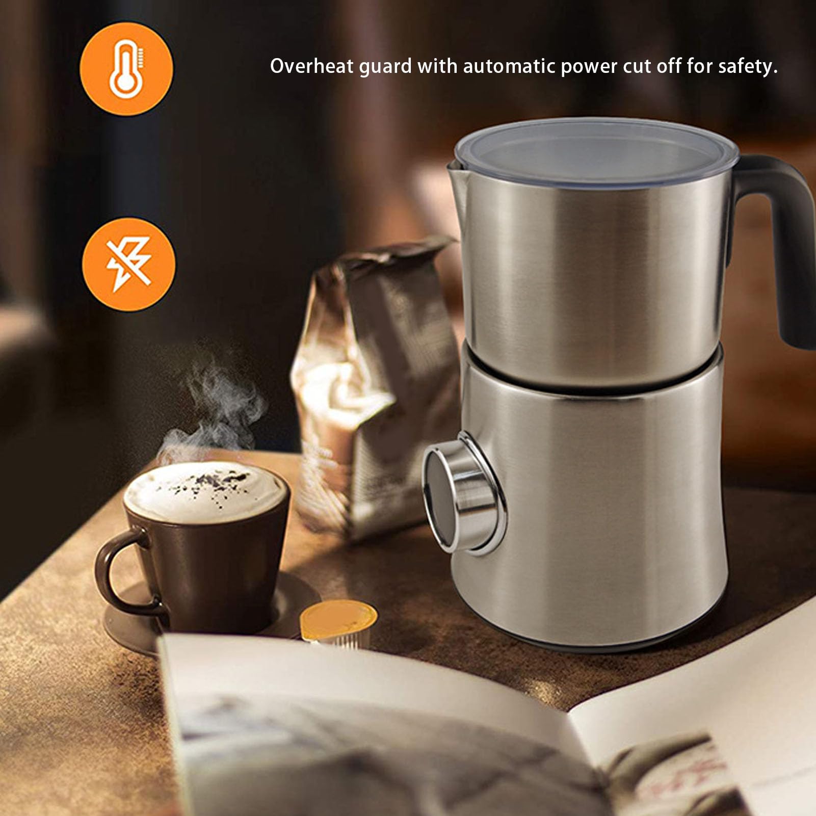 Pssopp 4 en 1 Batidor de Leche, 900ml Desmontable Acero Inoxidable Leche Calentador Jarra para café Latte Cappuccino Chocolate Caliente (EU enchufe 220-240V)