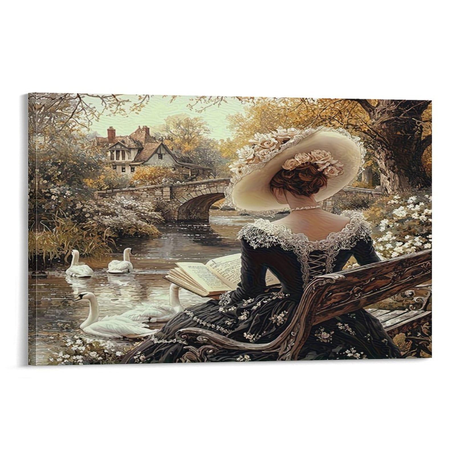 CPLVKWRQJ Victorian Lady Reading Individual Victorian Lady Reading by River Wall Art Decor - Kitchen Removable Canvas Wall Art Multi-Purpose Focal Point 16x24inch(40x60cm)