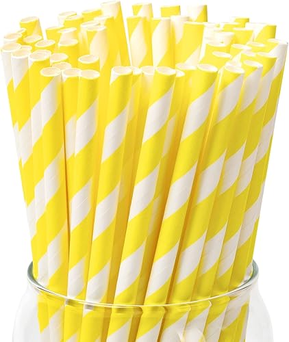 Paquete de 100 popotes de fiesta desechables de 7.75 x 0.24 pulgadas, popote de papel amarillo biodegradable para cóctel, batido, café, limonada