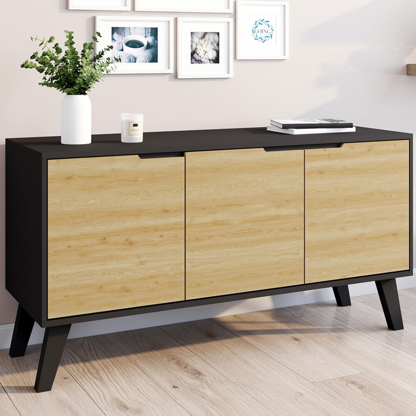 IDMarket - Buffet Bas scandinave 113 cm FINN 3 Portes Noir et Bois façon hêtre