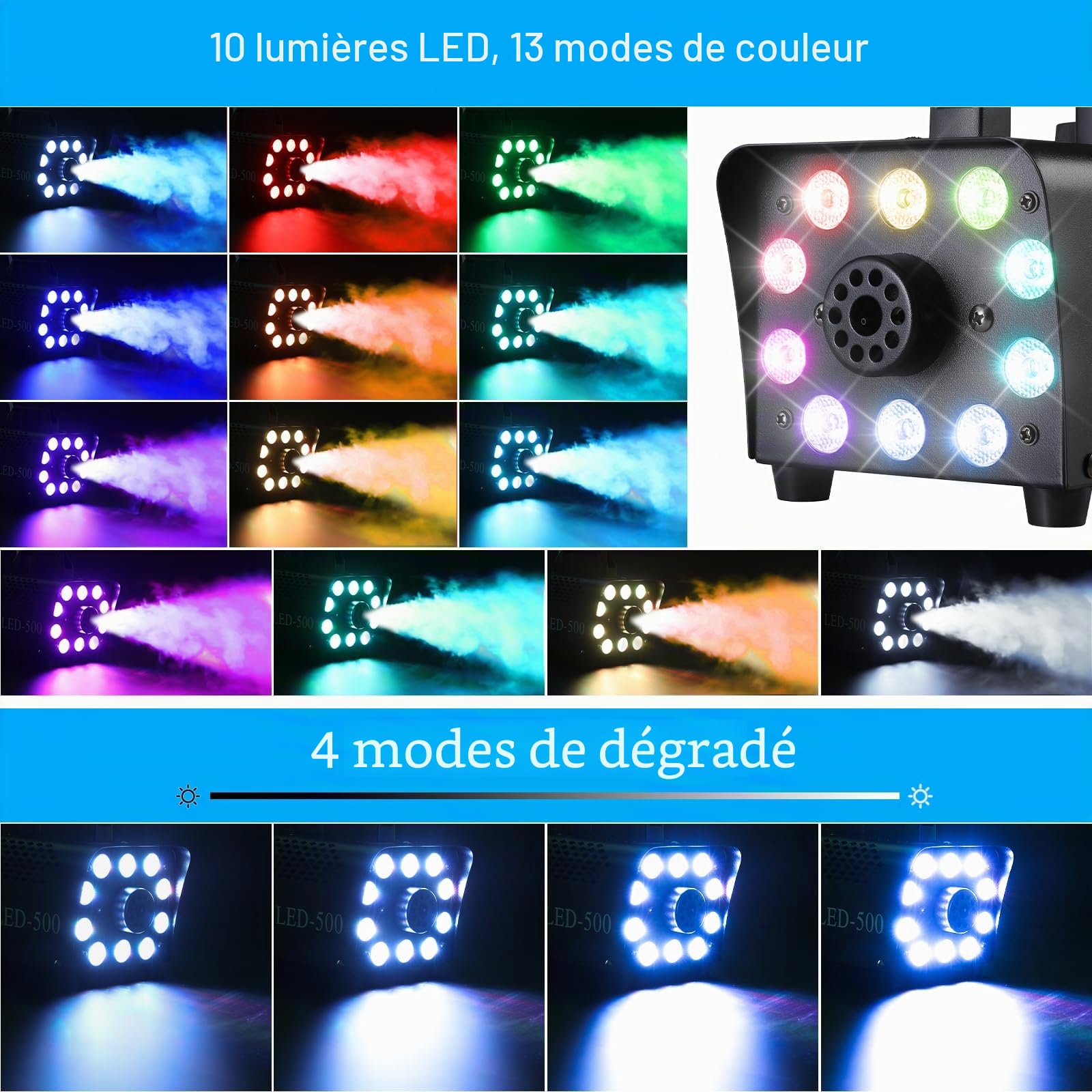 Machine à fumée 500 W avec 10 LED RVB et télécommande sans fil, convient pour les fêtes, l'effet disco DJ, Noël, mariage, spectacles sur scène
