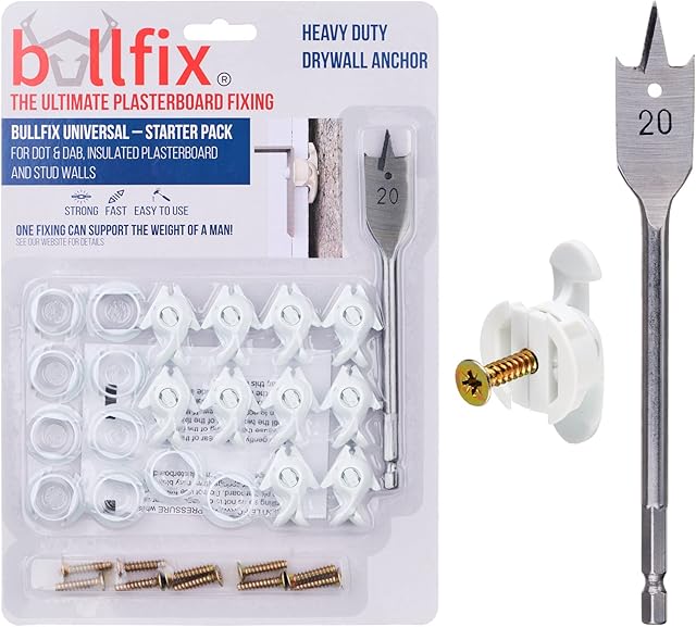 Bullfix 'Universal' 'Starter' 10 Pack - Heavy Duty Plasterboard Fixings, Drywall Anchor for Dot & Dab, Insulated Plasterboard, Stud Wall & Hollow Cavity Walls, DIY or Trade Fittings