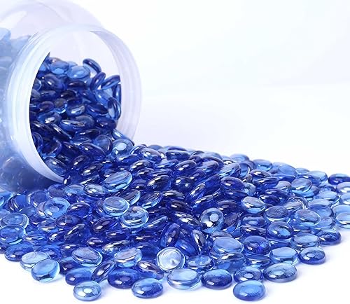 Miniatura 7 de GRISUN Vidrio para hoguera con brillo azul océano Pacífico de 12 pulgada, rocas de vidrio redondas de 10 libras para chimenea natural o propano,