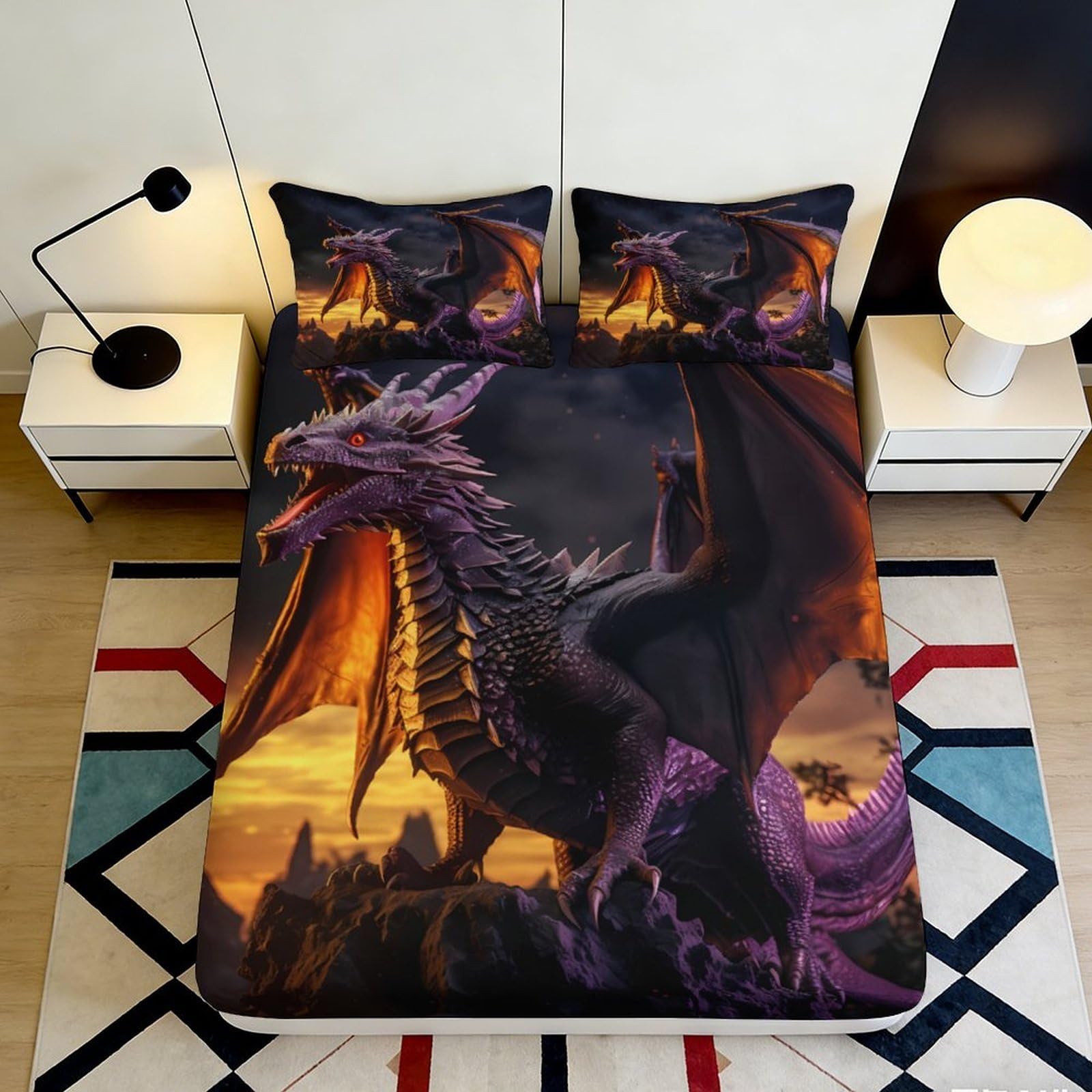 Jqzkxnhpbr Style-8 3D Printed Purple Dragon Fitted Sheet Microfiber Soft Breathable Sunset Fantasy Bed Cover Bedroom Decor 90X200x25cm