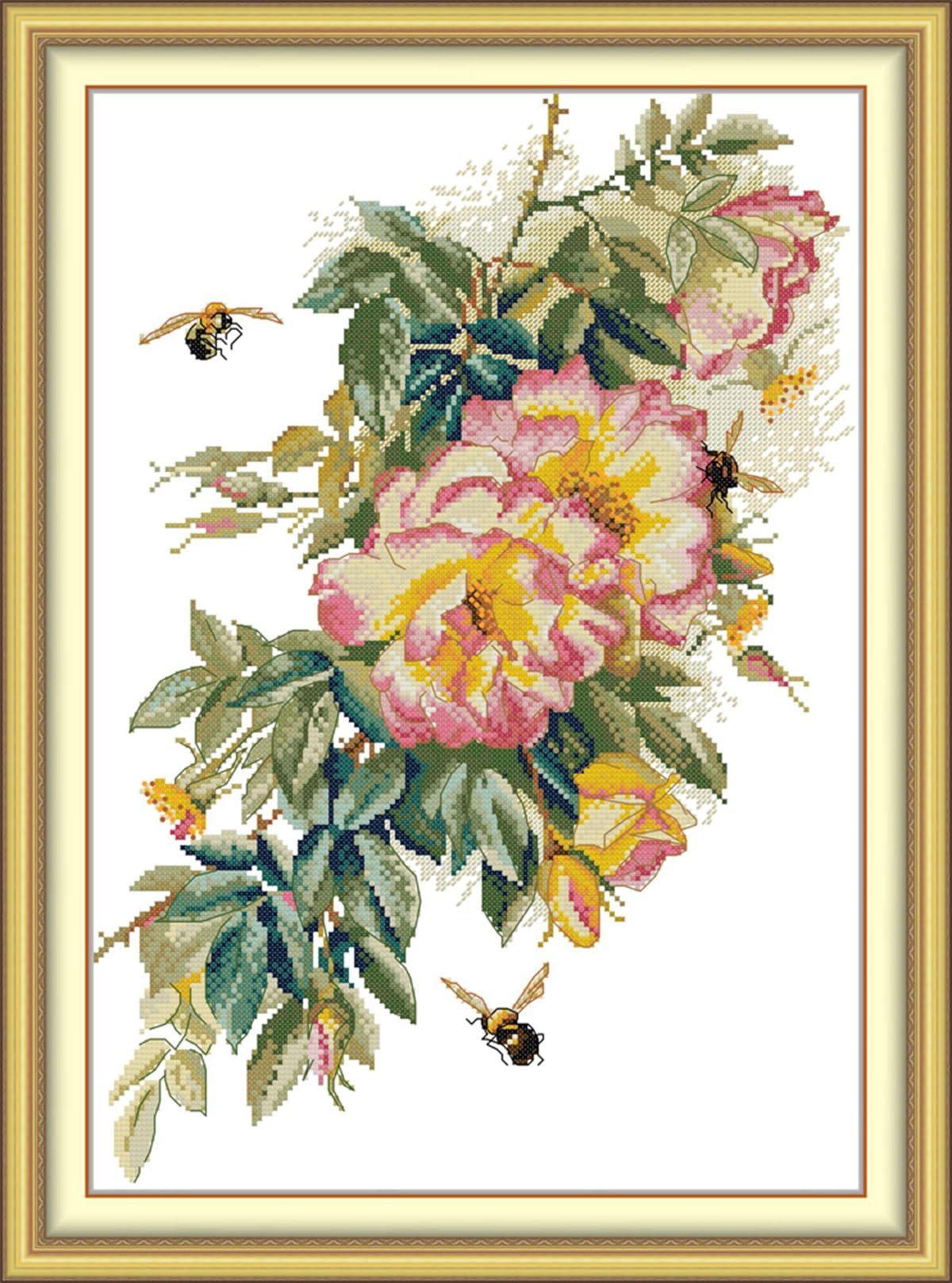 Rosyfoxes Cross Stitch Kits Stamped Full Range of Embroidery Starter Kits for Beginners DIY- Printed Kit Bees and Roses(Printed) 11CT 3 Strands17.3x23.6inches