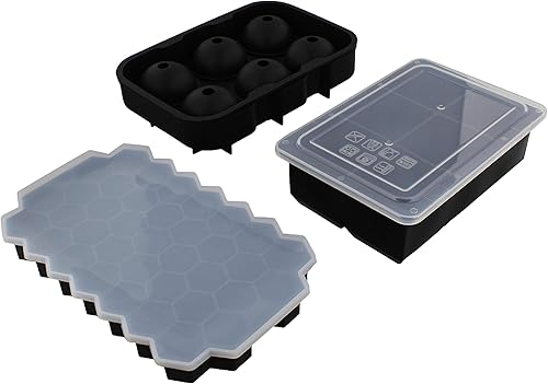 7Penn Molde de silicona para cubitos de hielo, negro, paquete de 3 – Juego de bandejas de goma para cubitos de hielo flexibles, esferas, hexágonos