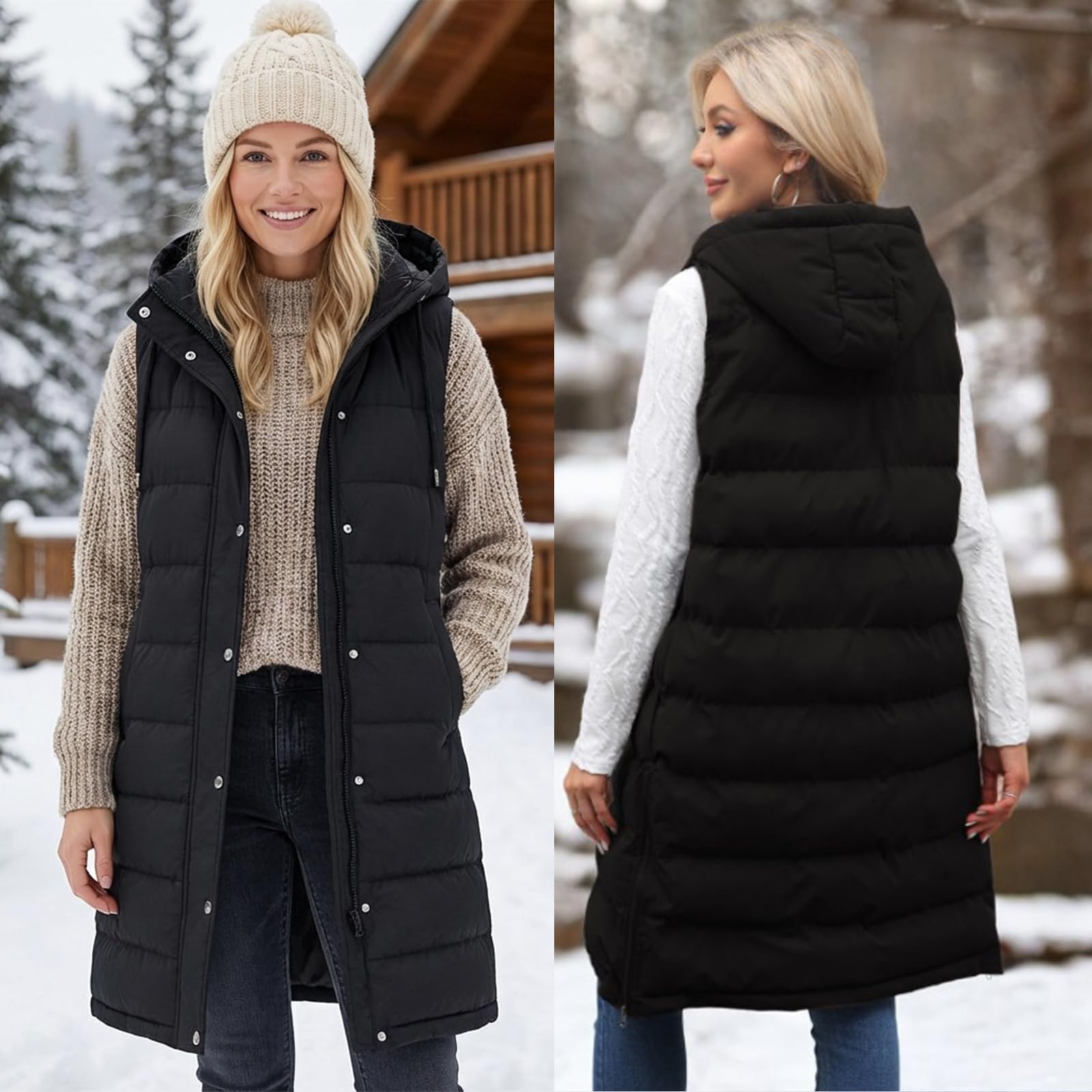 Chaleco Acolchado Mujer sin Mangas Largo Outwear Elegante Abrigos con Capucha