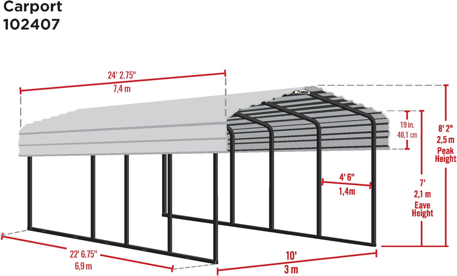 Arrow CPHC102407 Heavy Duty Galvanized Steel Metal Multi-Use Shelter, Shade, Carport, 10' x 24' x 7'