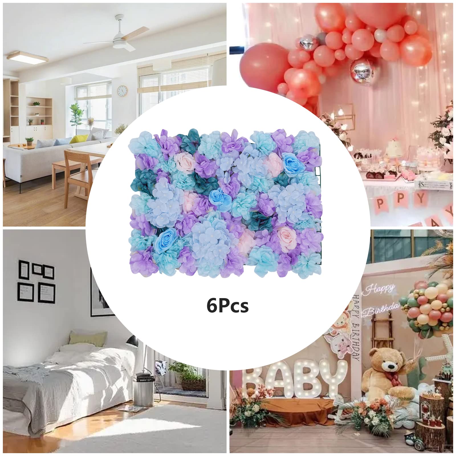 6 Stück DIY Deko Blumen Wandpaneele Hochzeit Hintergrund, Künstliche Blumen Wandhintergrund Seidenblumen Wand Panel, Dekorative Kunstblumen-Wandmatte Wanddekoration für Hochzeit Party (Blau)