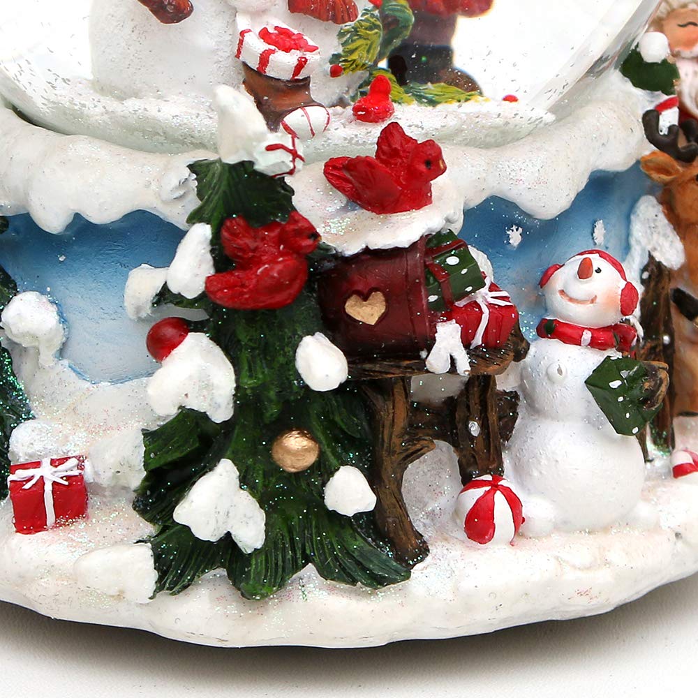 Dekohelden24 Kula śnieżna bałwanek z dzieckiem na misternie zdobionym cokole z zabawką, melodia: White Christmas, wymiary dł./szer./wys.: 12,5 x 12 x 14,5 cm kulka Ø 10 cm