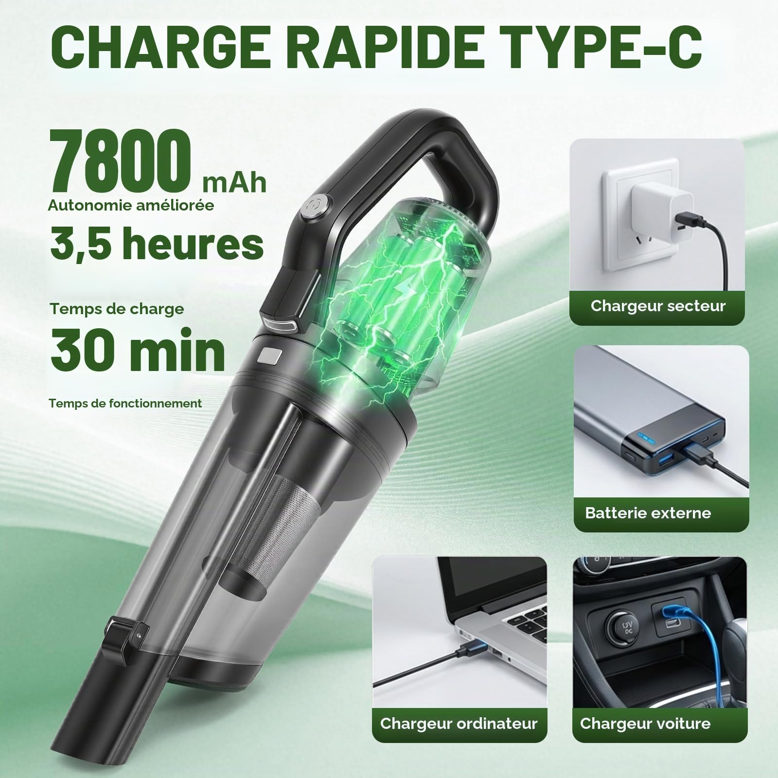 Aspirateur Voiture Table Voiture Puissant, 26000 PA Aspirateur a Main sans Fil, Mini Aspirateur à Main, Convient pour Le Nettoyage de la Voiture et de la Maison, Noir
