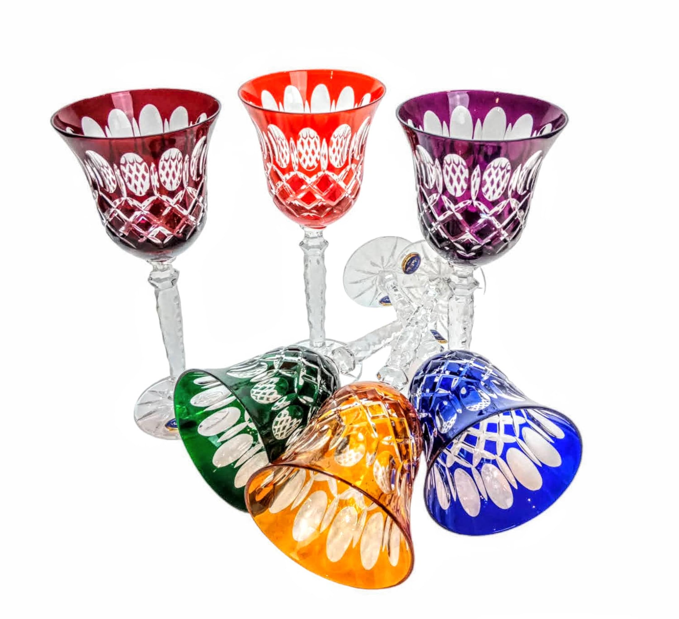 MaRika Bunte Kristall-Weingläser – handgefertigte und bemalte Kristallgläser im 6er-Set – perfekt für Rot- und Weißwein, eine luxuriöse Geschenkidee (Mix, Olivengitter, 280ml)