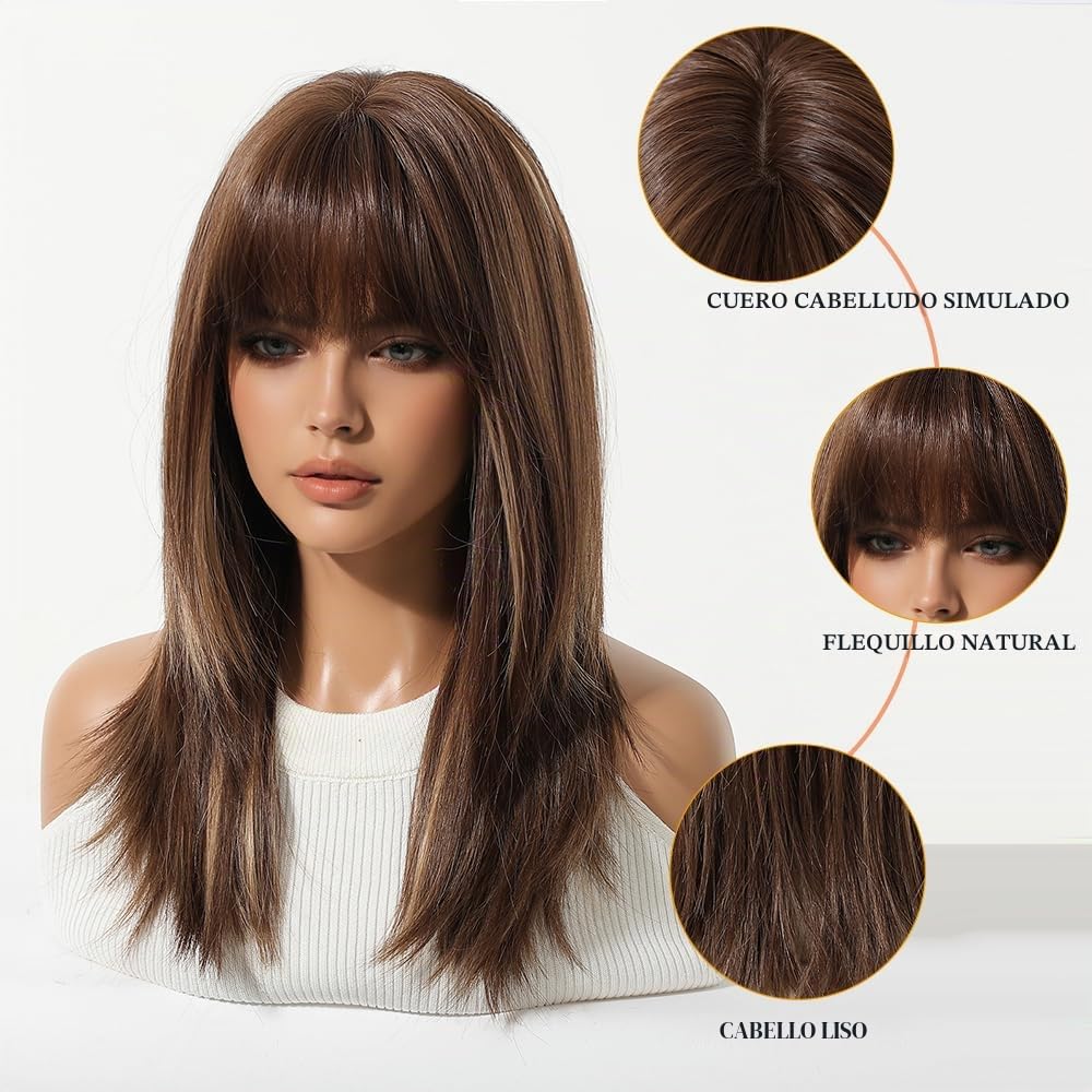 Esmee Pelucas Largo Liso Marrón con Mechas para Mujeres Pelo Sintético Natural Peluca para Uso Diario y de Fiesta