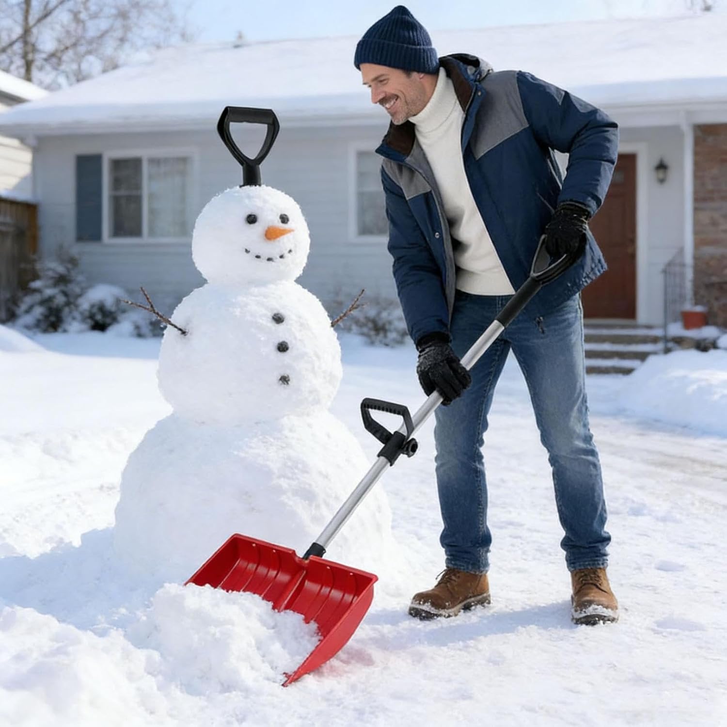 Detachable Large Snow Shovel with 41cm Wide Blade – Ergonomic Dual Handle, Aluminum Wear Strip, Portable Plastic Snow Shovel for Driveway, Sidewalk, Heavy Snow Removal (Blue/Black/Red/Orange) (Red)