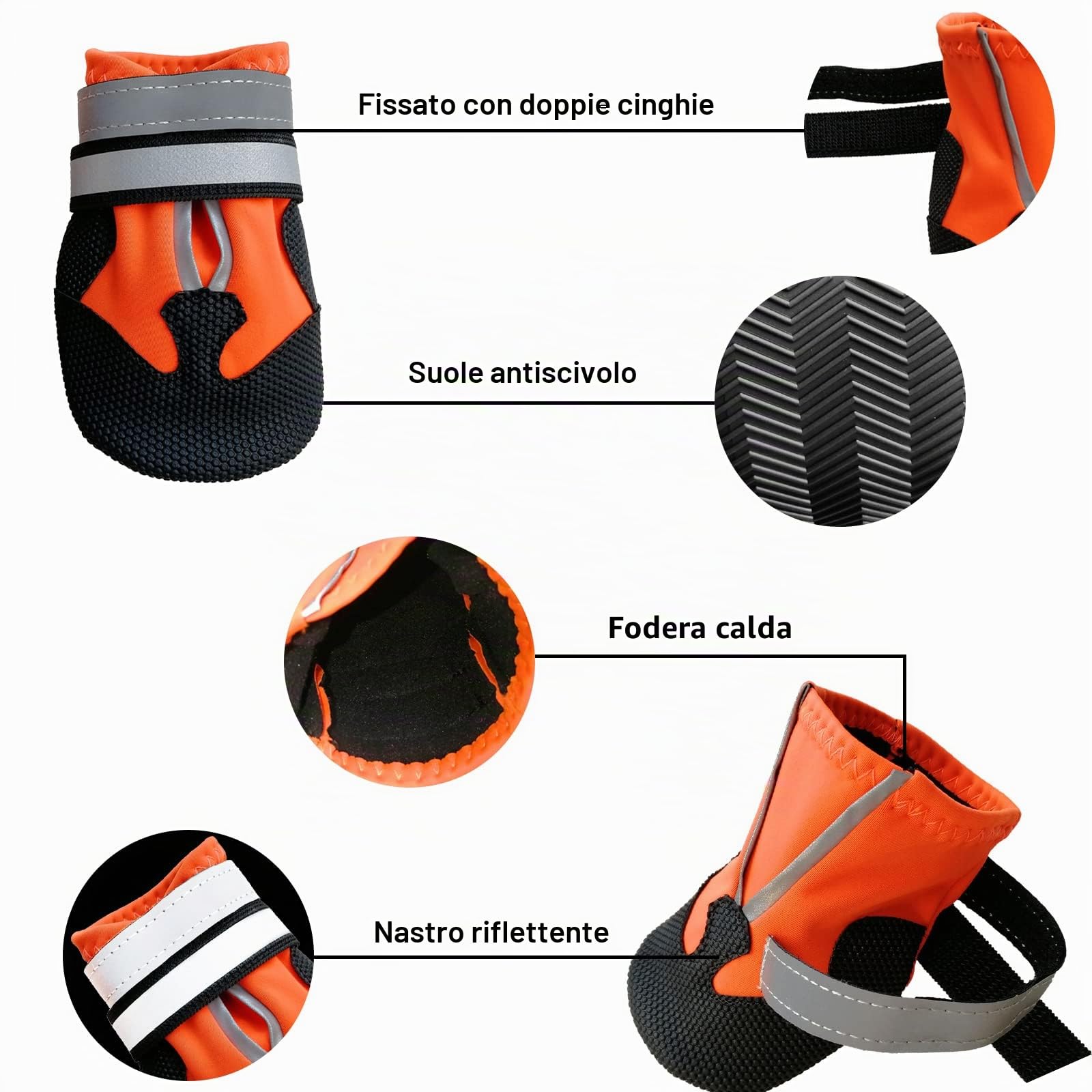Scarpe per Cani, Set di 4 Stivali per Cani Impermeabile con Cinturini Riflettenti, Scarpe Cane con Cinturini Riflettenti e Suola Antiscivolo per Protezione Le Zampe per Cani (S, Arancia)