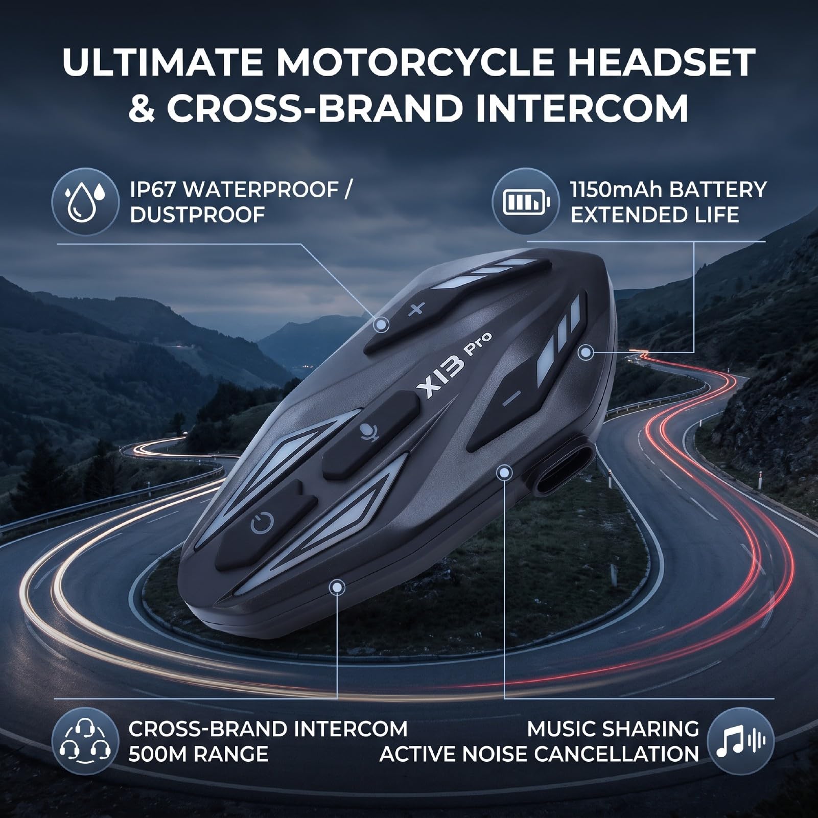 Casque Bluetooth pour Casque de Moto, IP67, Batterie 1150mAh