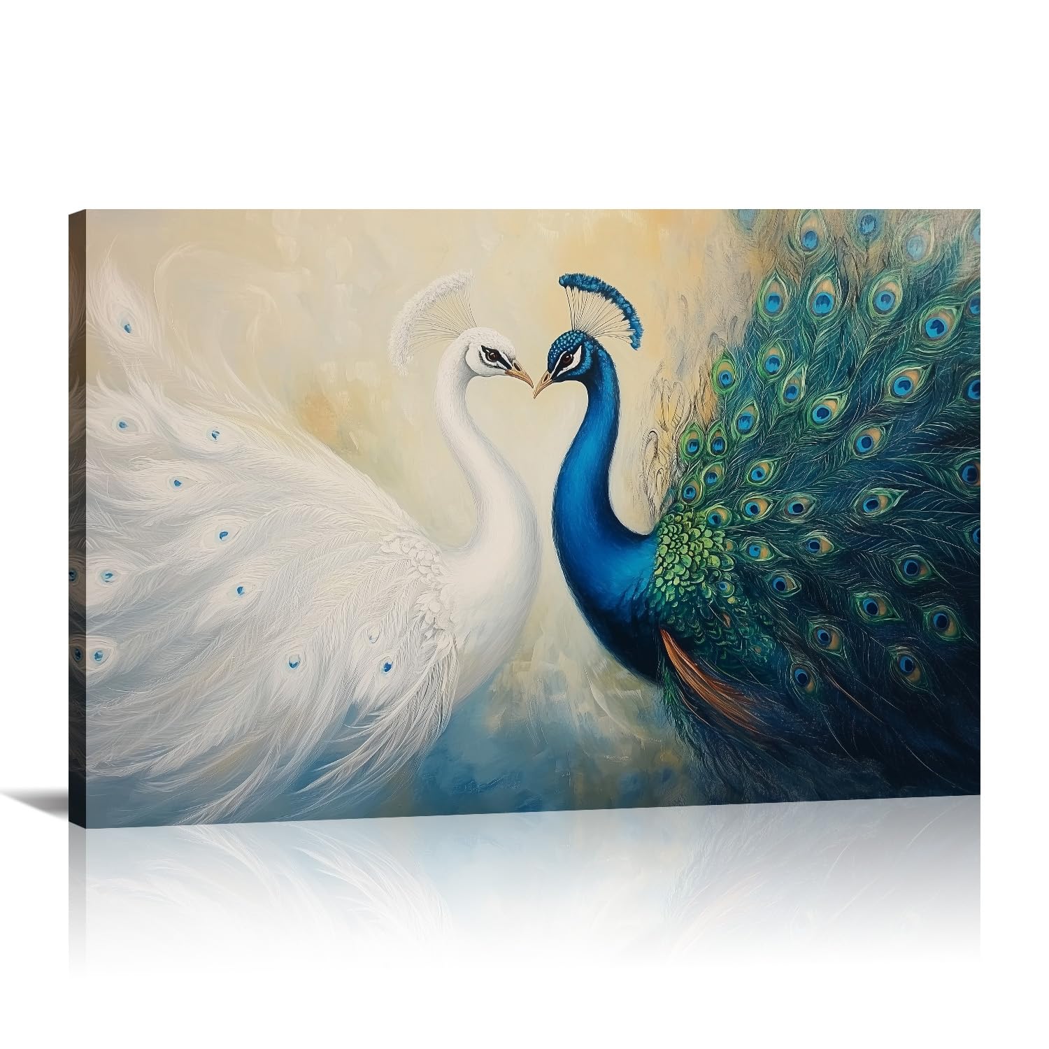 Peacock Canvas Wall Art - Green and White Peacock Couple Pictures Elegant Animal Painting Prints Romantic Kiss Birds Art for Bedroom Living Room Wall Decor Framed - 28.00"x42.00"