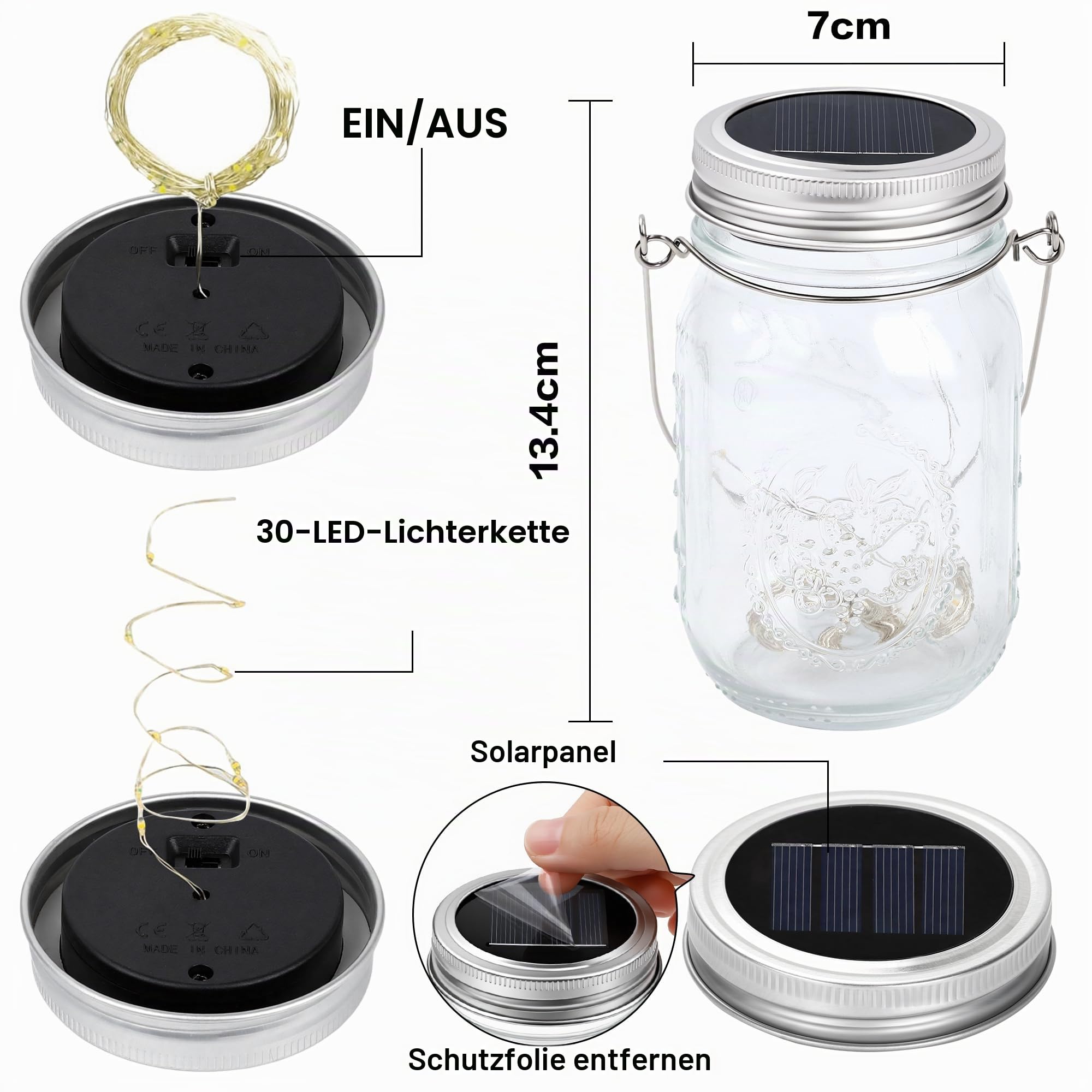 Solarlampen für Außen – 6 Stück Solar Mason Jar Licht 30Led Solar Laternen Solarlampen für Garten IP56 Wasserdichte Solarlaterne Dekoration für Auße Laterne Hochzeit Balkon Wand Tisch Baum