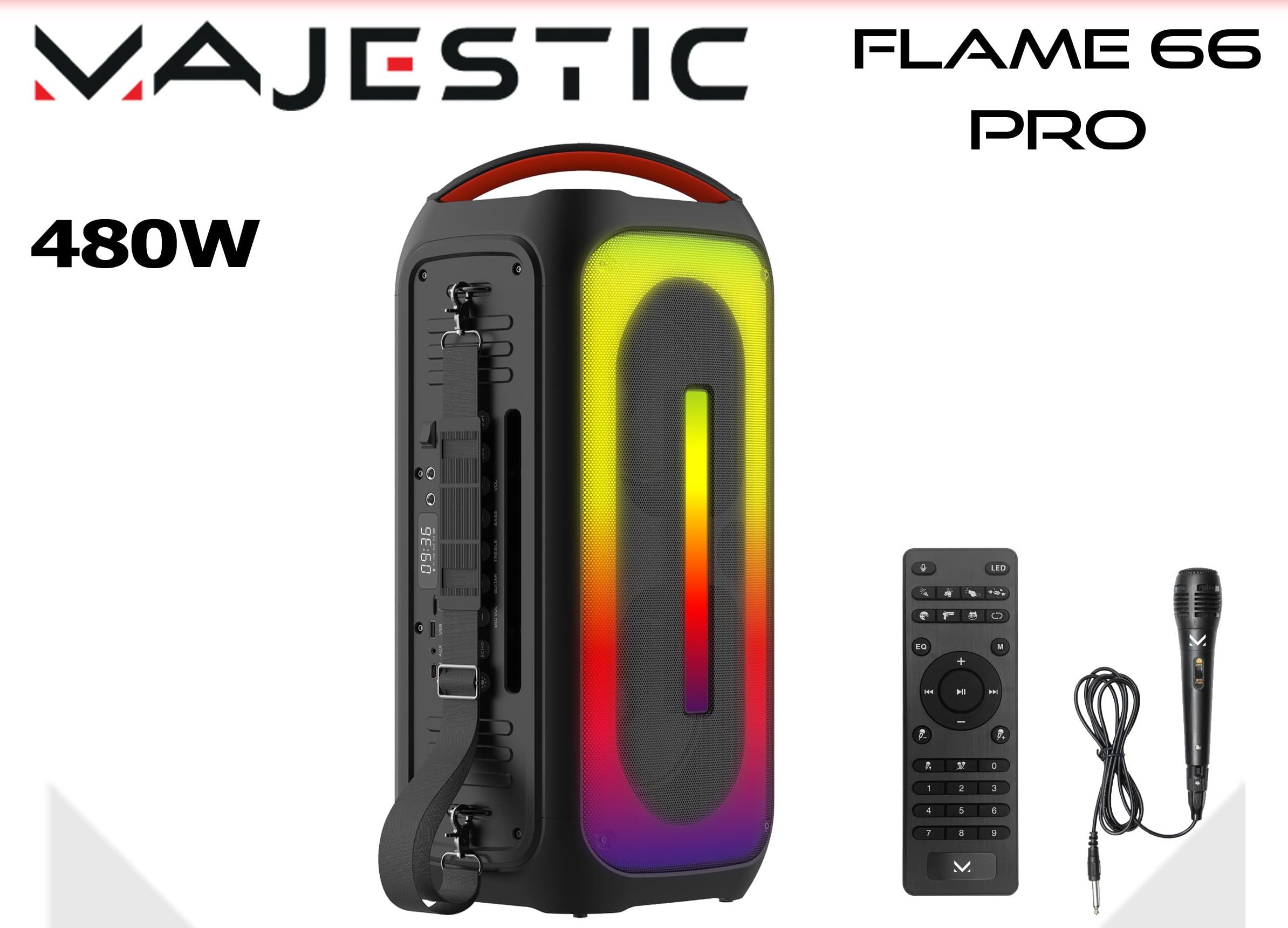 Majestic FLAME 66 PRO Party głośnik Bluetooth, diody LED, wejścia USB/MICRO SD/AUX/MIC/GUITAR, mikrofon, pilot zdalnego sterowania, TWS, akumulator, uchwyt i pasek do noszenia