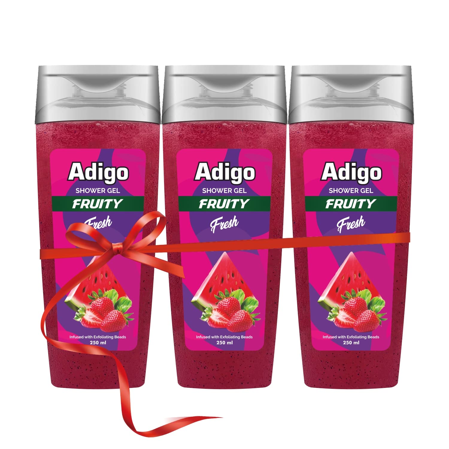 Adigo Shower Gel | Body Wash with Burst of Fruity Freshness, infusion of essential oils & gentle exfoliating beads | Moisturizing Formula & Odor Control | 250ml Pack of 3