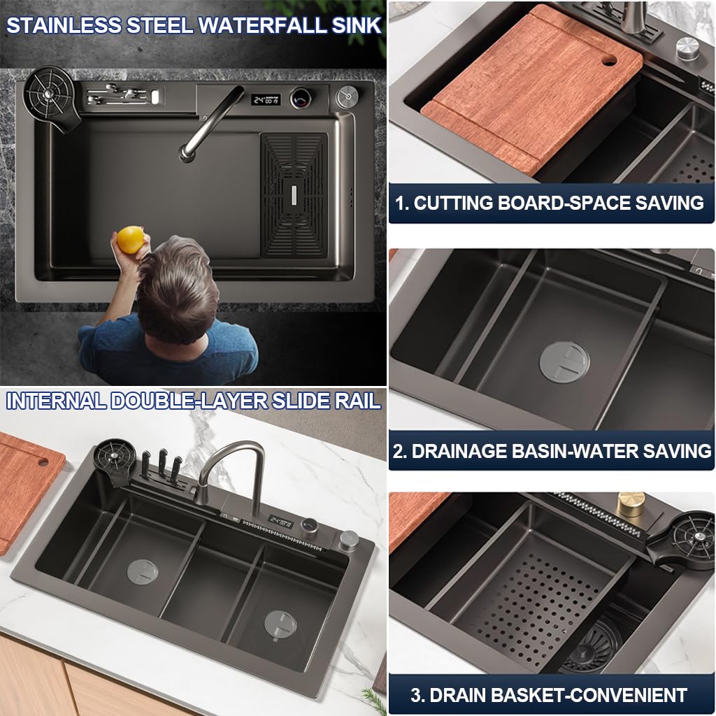 OMGMTSTORE 75x45CM Lavello da cucina in acciaio inox con rubinetto estraibile digitale, multifunzione, con cestello di scarico, lavabo, tagliere, bicchiere e scarico