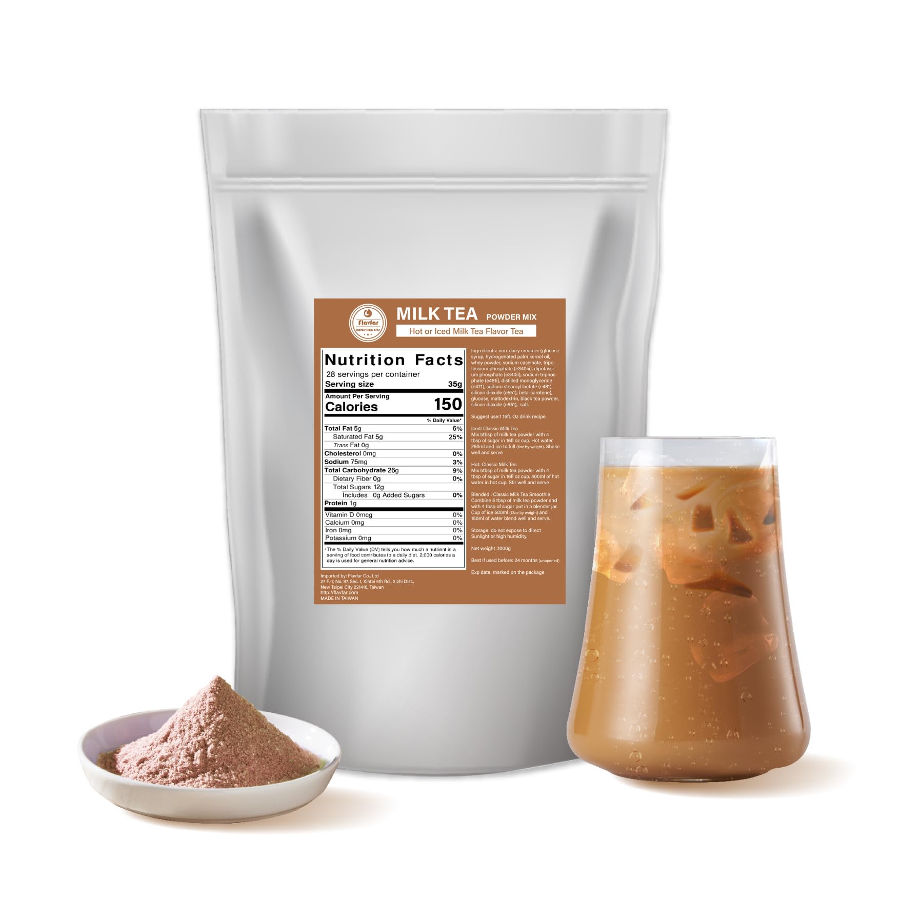 FlavfarLess Sugar 2 in 1 Milk Tea Powder, 2.2 lb – Instant Powdered Drink, Serve Hot or Cold – Authentic Taiwanese Flavor for Bubble Tea at Home