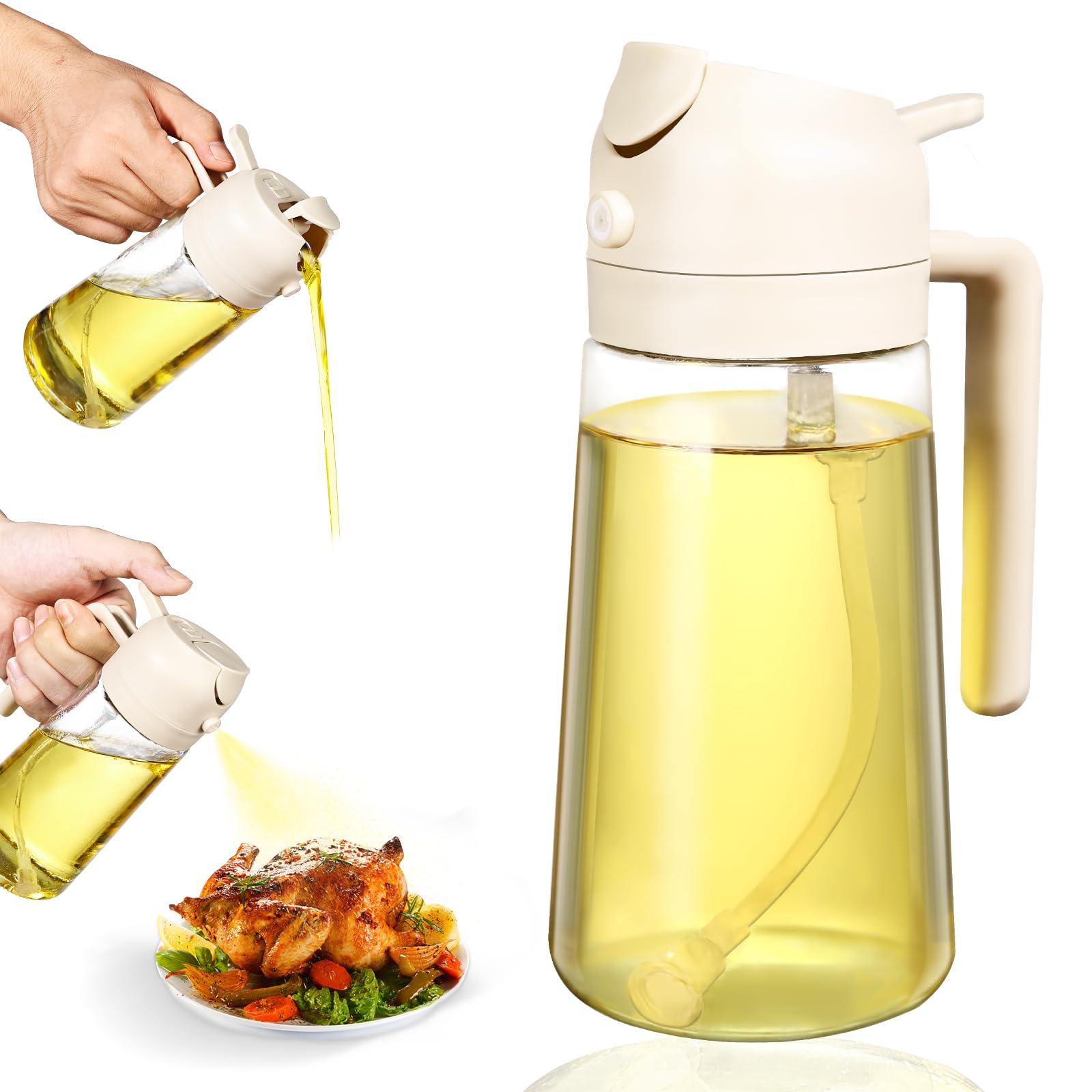 Lychico Oil Dispenser Bottle 470ml/16oz, 2 In 1 Oil Dispenser and Oil Sprayer, Food Grade Spray Bottle for Kitchen Cooking, Oil Dispenser for BBQ, Salad, Baking Steak, Air Fryer, Beige