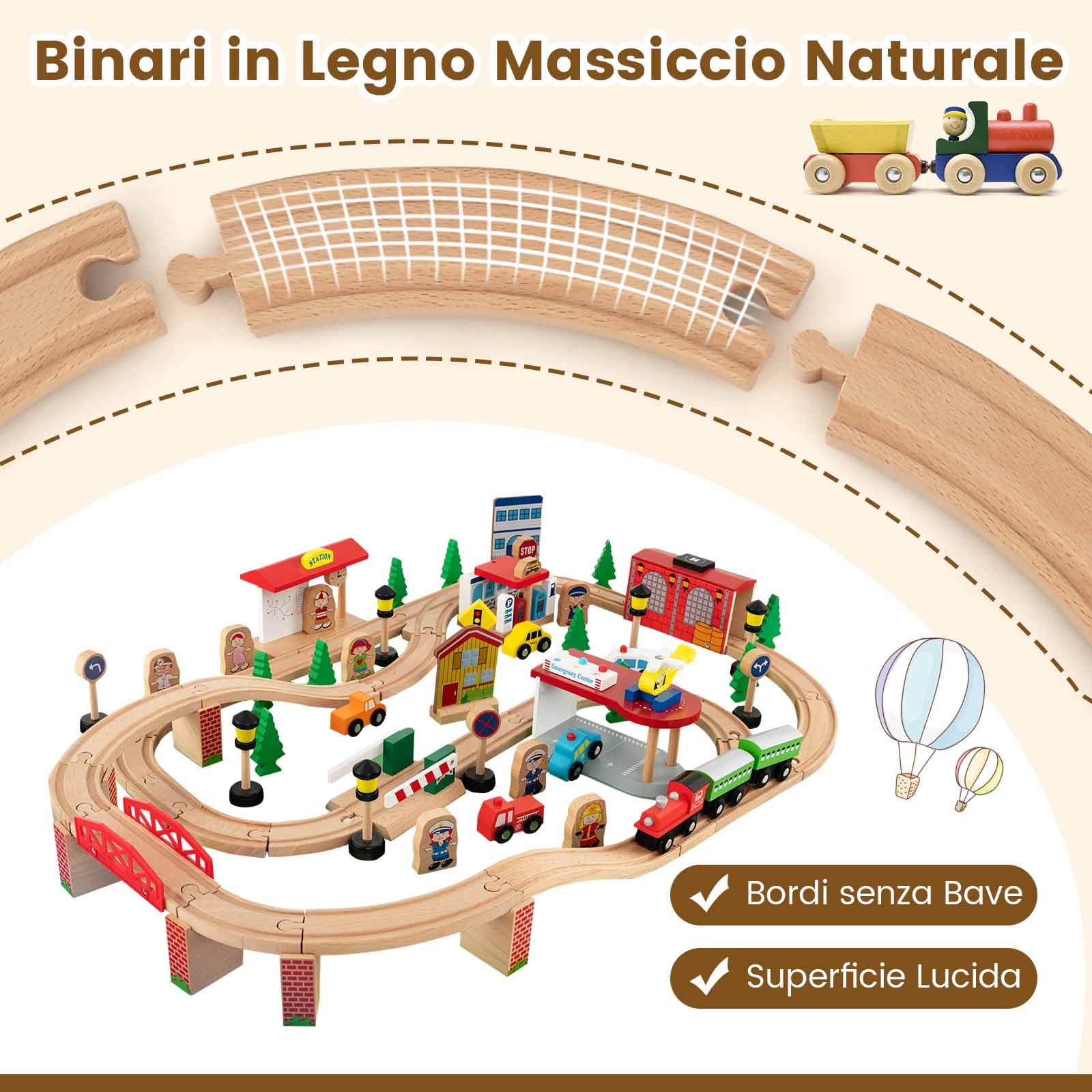 COSTWAY Tavolo e Set di Trenini in Legno, Tavolo Reversibile e Staccabile e Binari in Legno Massiccio, Set da Gioco Creativo 84/80 Pezzi, per Bambini 3 Anni+ (Stile 1)