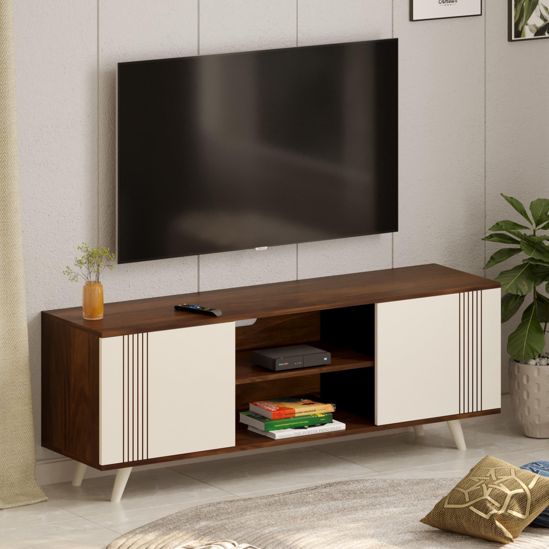 Harmond Engineering Wood Floor Standing TV Entertainment Unit Set Top Box Stand/TV Cabinet Panel with Shelves for Books & Décor Display Unit Bed Living Room Upto 55" (Brown Maple & White)