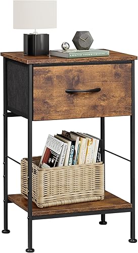 WLIVE Mesita de noche, mesita de noche para dormitorio, dormitorio con marco de acero, mesa auxiliar de noche con cajón de almacenamiento de tela,