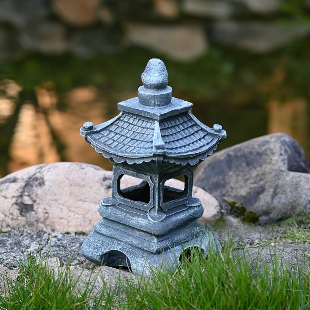 FACAIIO Statua da giardino a forma di pagoda solare con luce a LED, lanterna giapponese in resina zen per esterni, decorazione da cortile, patio, finitura in pietra resistente alle intemperie con