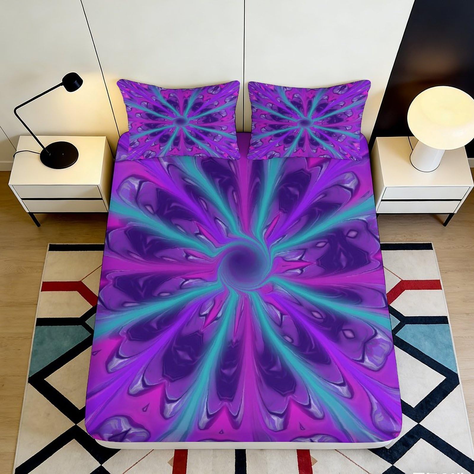 3D Printed Purple Swirl Fitted Sheet Microfiber Vibrant Blue Abstract Mattress Cover for Bedroom Guest Room Decoration 180x200x25cm
