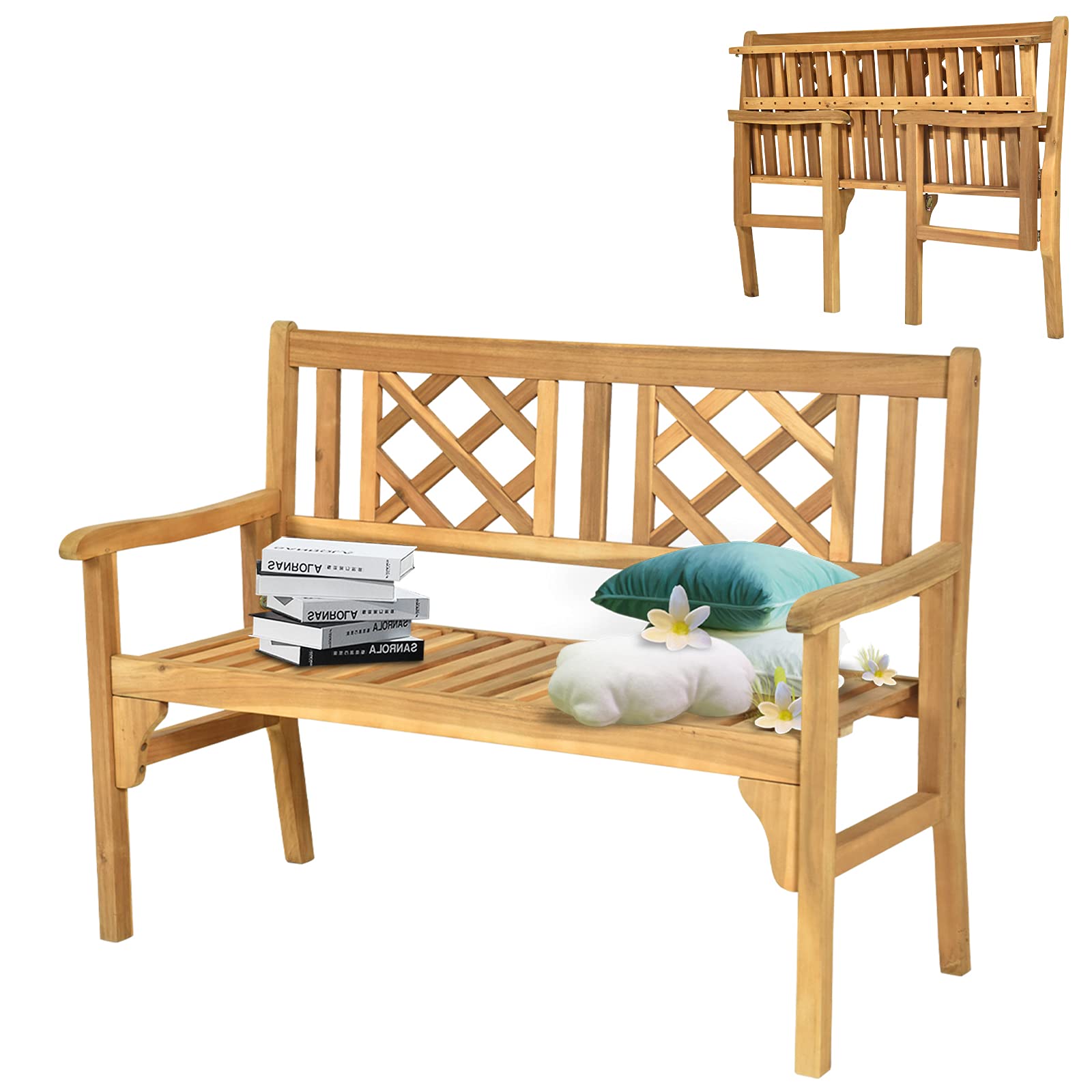 RELAX4LIFE Panchina Pieghevole da Giardino, Panchina a 2 Posti in Legno Massello, Panca Decorativa con Sedile Ampio e Schienale Comodo, Panca Elegante per Terrazzo e Cortile, 120,5x57 x x 90 cm