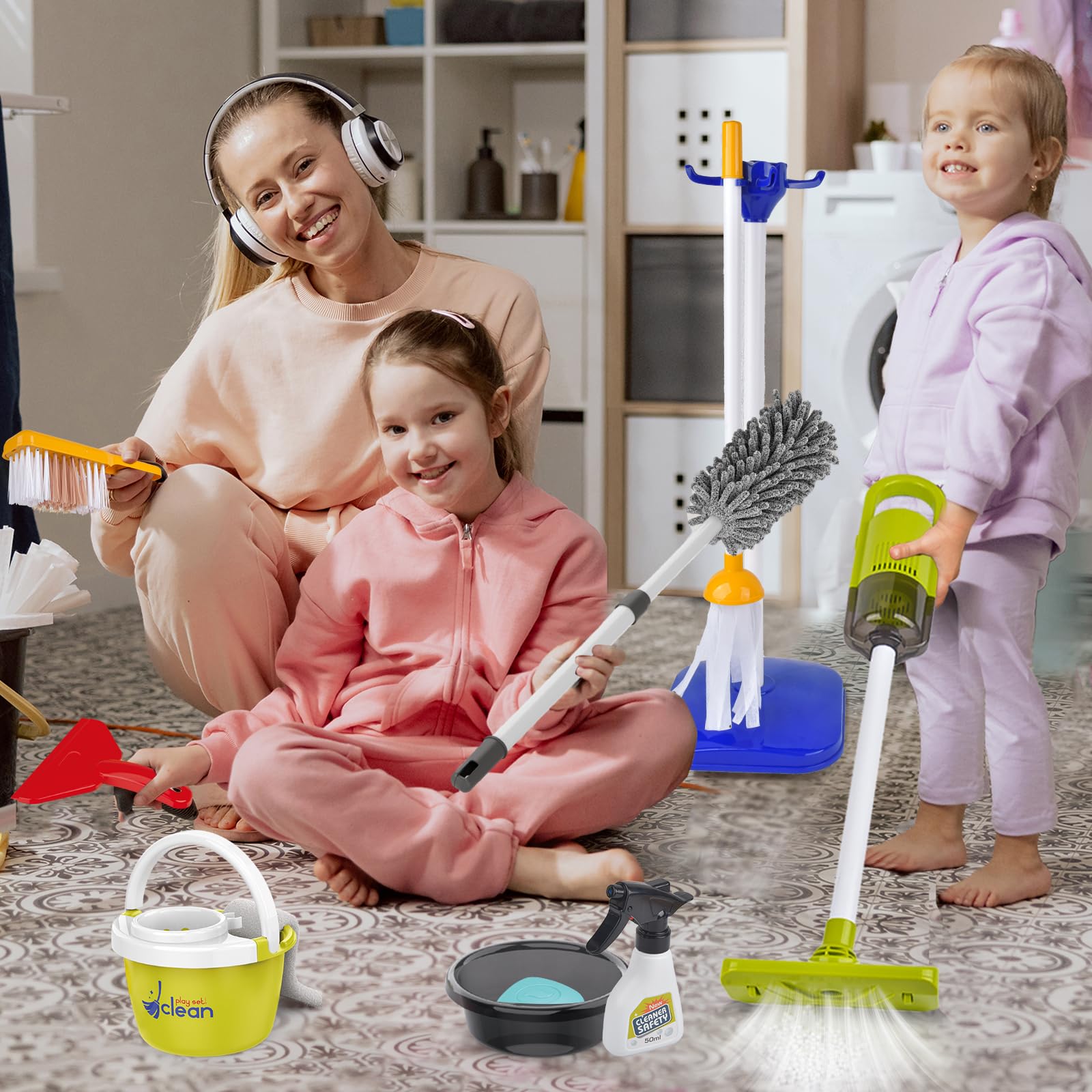 Kit de Nettoyage pour Enfants ,Menage Enfant Aspirateur Enfant Jouet, pour Les Tout Petits avec Balai Vadrouille Plumeau Pelle Brosses Chiffon,Nettoyage et ménage Jouets De Cadeau 3 Ans+ (Bleu)
