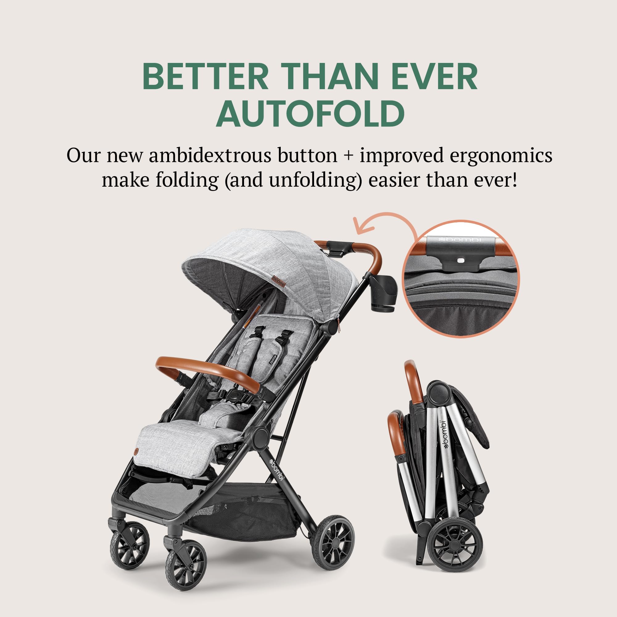 Bombi B?bee V2 Lightweight Baby Stroller - Premium Vegan Leather, One-Hand Fold, Infinite Recline, Aircraft-Grade Aluminum Frame, XXL Canopy, and Ample Storage Umbrella Stroller - Stone Gray
