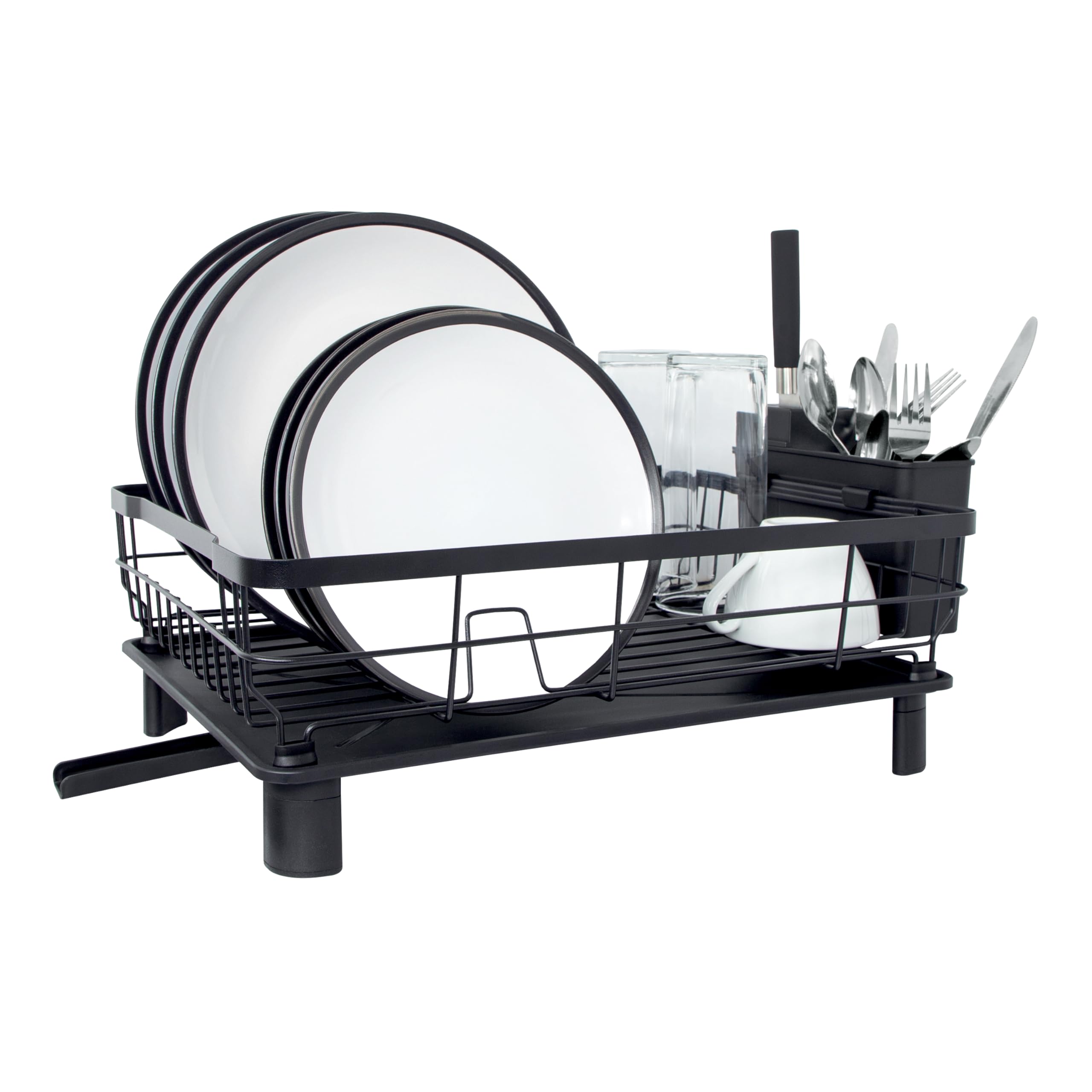Dish Drainer Removable Tray Cutlery Holder Knife Slots Drain Spout Iron Black