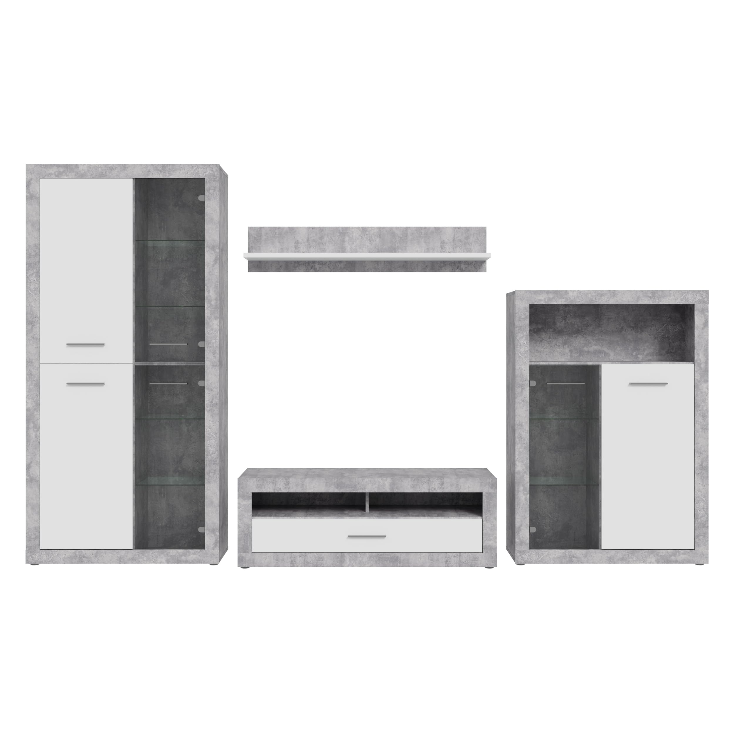Forte Finley Wohnwand 330, Moderne Wohnwand mit TV Schrank, Vitrine, Wandpaneel und Kommode, Holzwerkstoff, Weiß mit Betonoptik Akzenten, 328,4 cm breit x 193,7 cm hoch x 41 cm tief