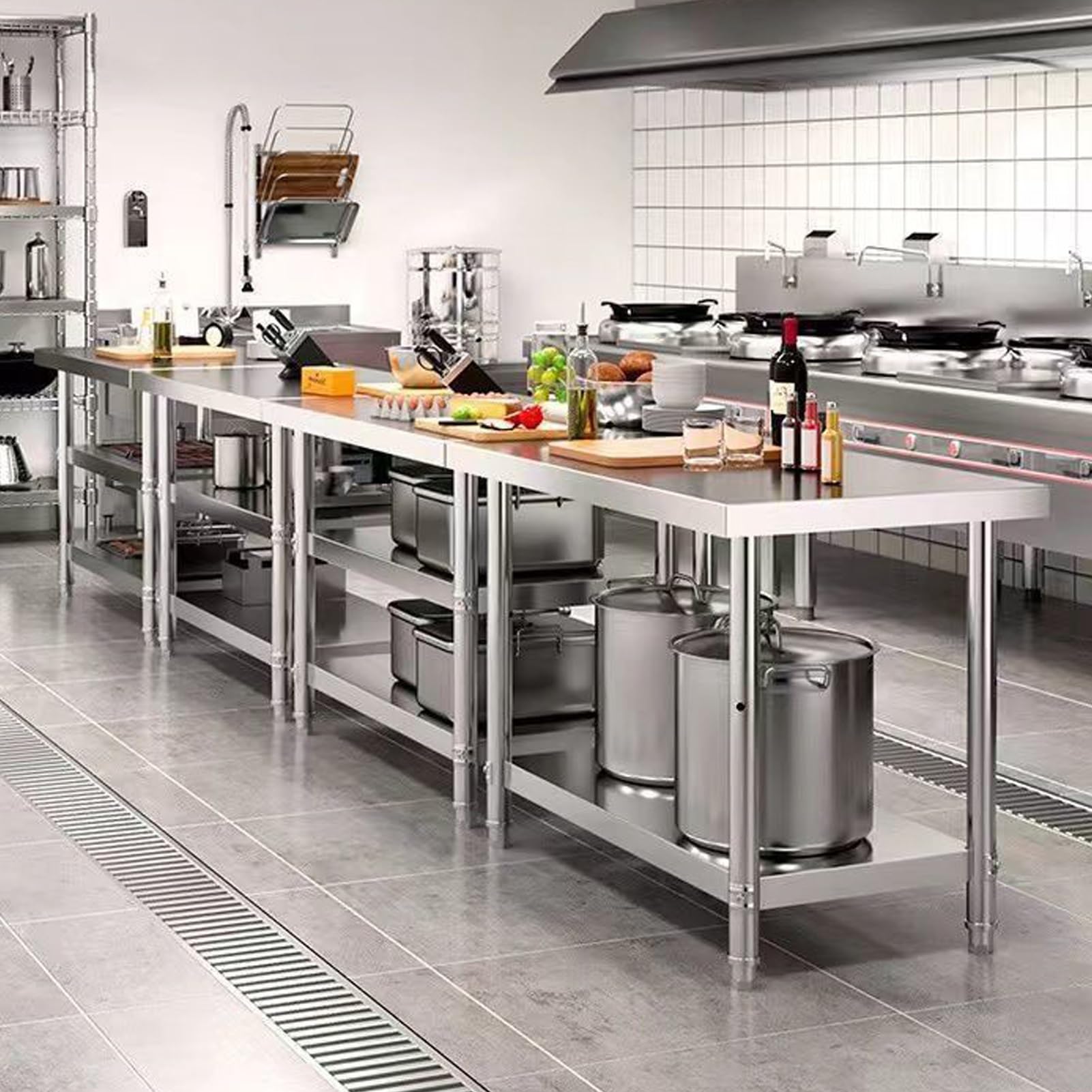 Tavolo da Lavoro da Cucina, Tavolo da Lavoro in Acciaio Inossidabile, Tavolo da Preparazione della Cucina a 3 Strati, Tavolo da Lavoro in Acciaio Inox con Piedino Regolabile(150x70x80cm)